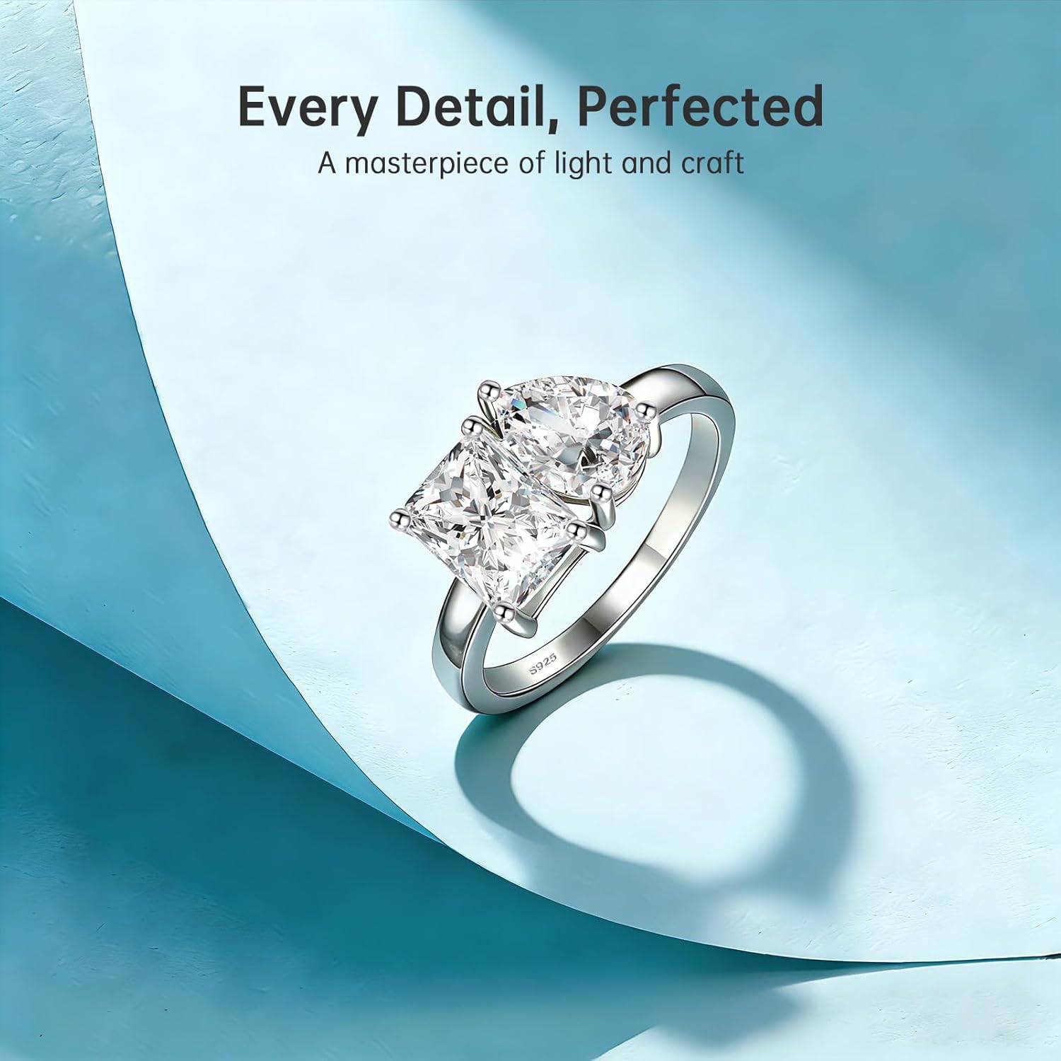 2.75ct Toi Et Moi Women Engagement Ring, 925 Sterling Silver Double Stone Emerald & Pear Cut Cubic Zirconia Wedding Eternity Unique Statement Ring I LOVE You Width Band 2mm Size 5-9 - Image 2