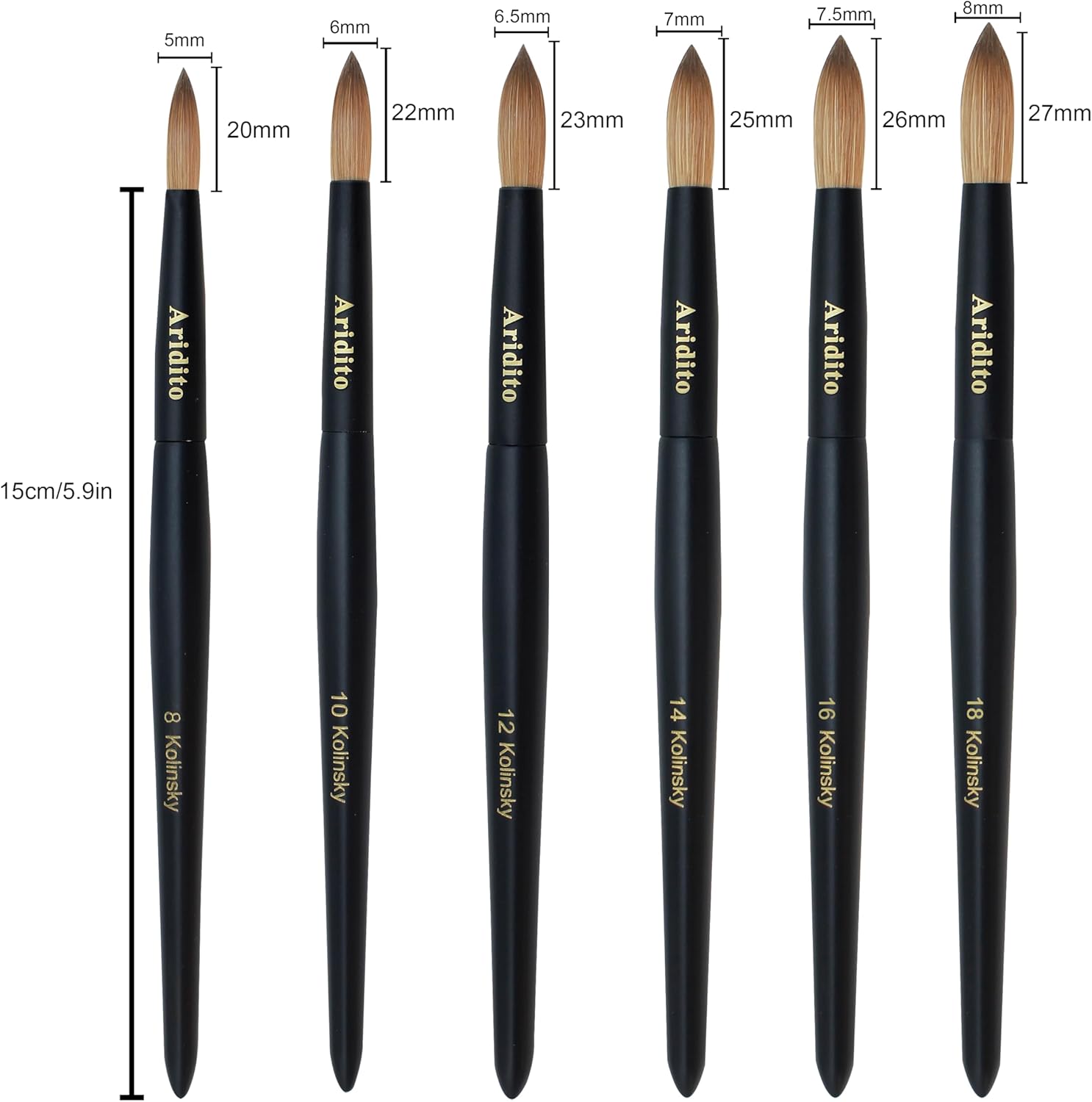 Kolinsky Round Head Acrylic Nail Art Brush Set, Black Wooden Handle, Silver Metal, Size 8 10 12 14 16 18, for Professional Manicure DIY Home Salon (16# Kolinsky)