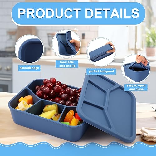 Miniatura 5 de FoldTier 3 cajas Bento de silicona multicolor, 4 compartimentos, contenedor de almuerzo reutilizable de silicona para niños y niñas adultos (color