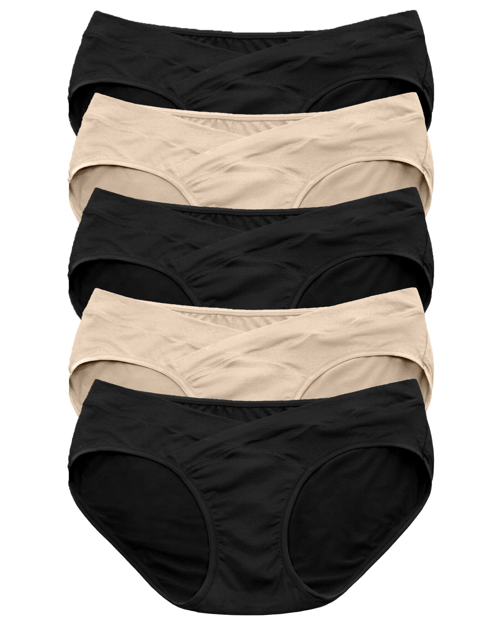 Kindred Bravely Under the Belly Bikini Maternity Underwear for Women and Postpartum Underwear 5 Pack (Black/Beige, Large)