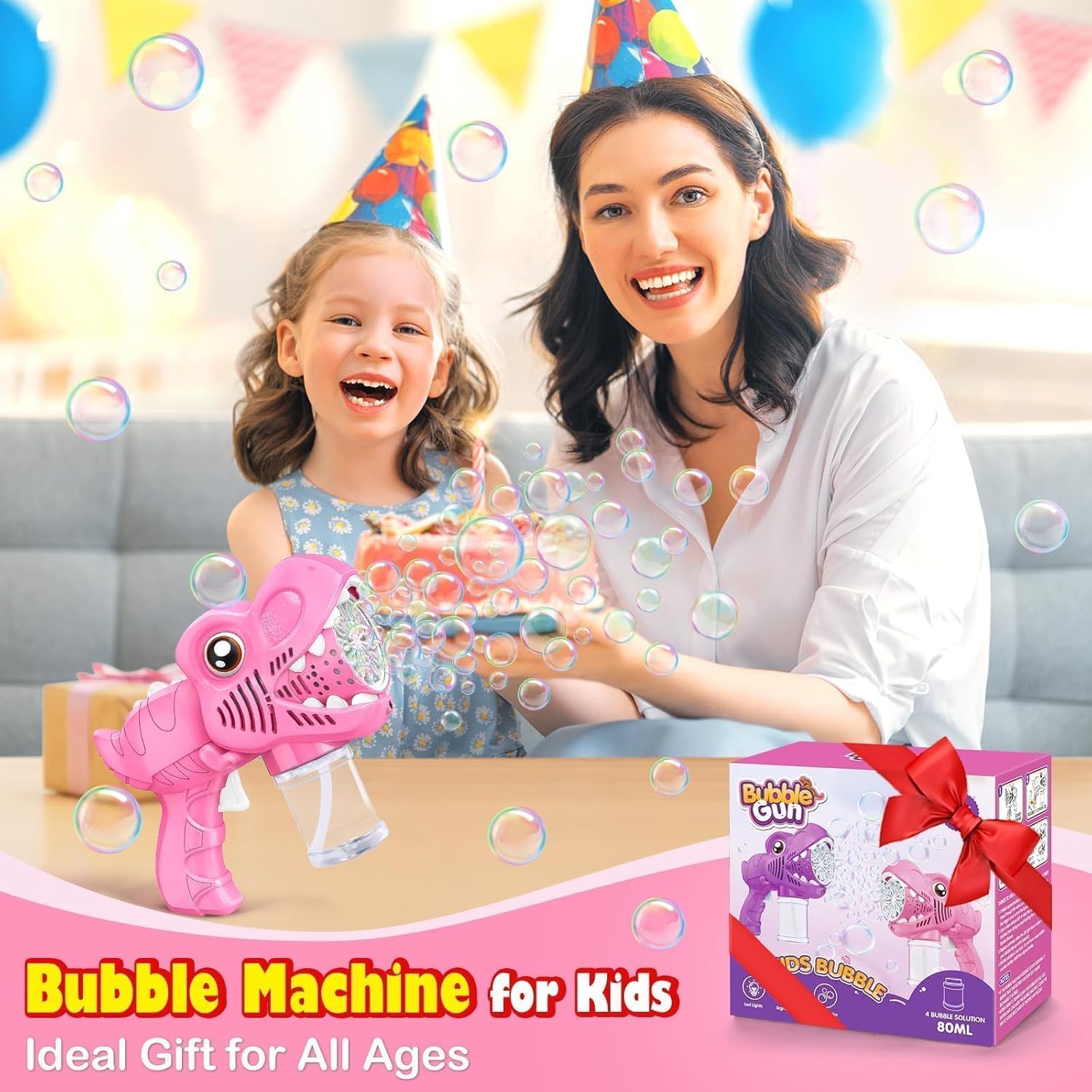 Yunaking Bubble Gun Toys for Girls: Bubble Machine for Kids 2 Rechargeable Dino Toys Easter Basket Stuffers Gift for 3 4 5 6 7 8 Girls Toddlers Ages 4-6 Outdoor Summer Birthday Christmas Valentines