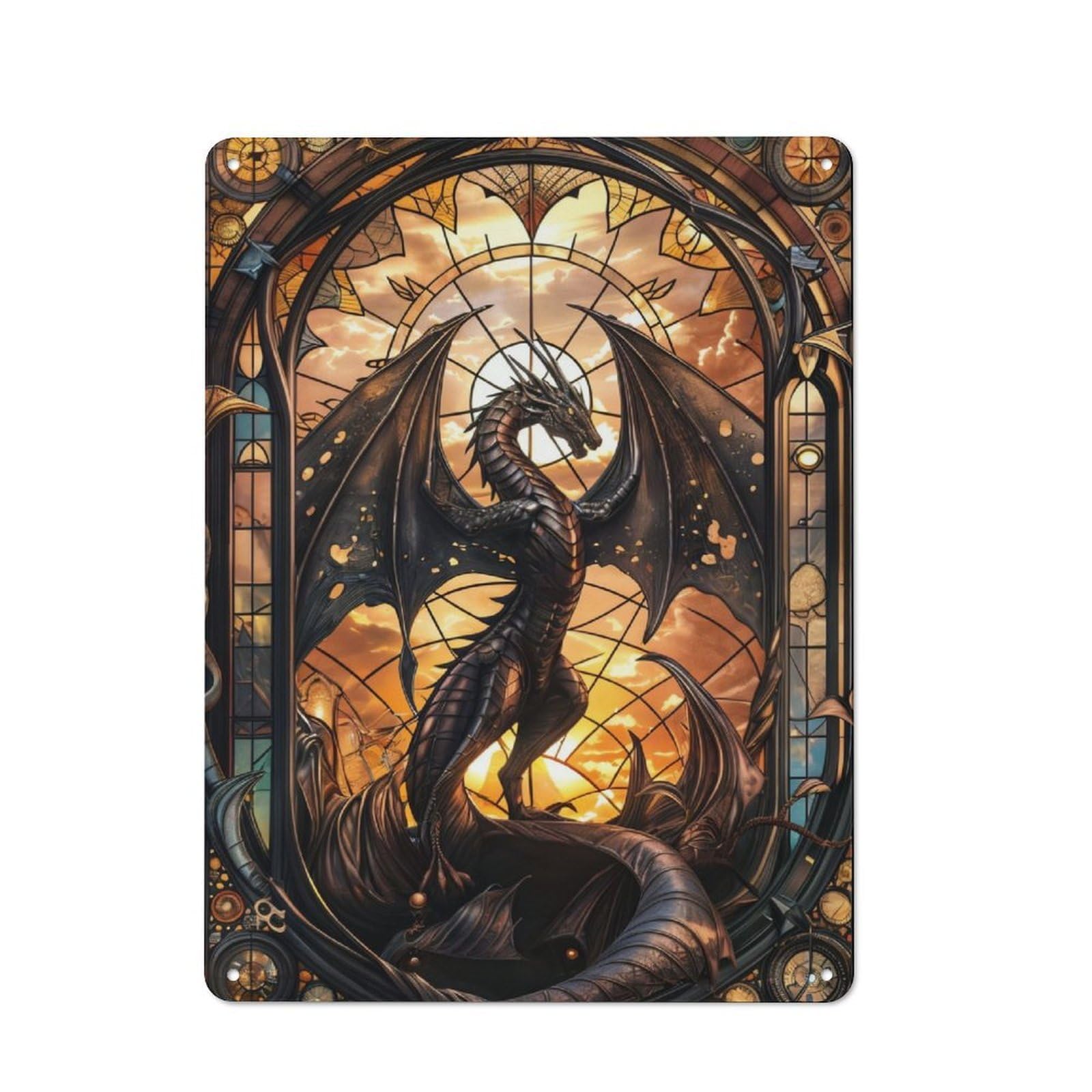 Junmoney Earthen Stained Dragon Printed Metal Sign 40X30cm For Living Room Or Hallway, For Home Wall Decor Collectors