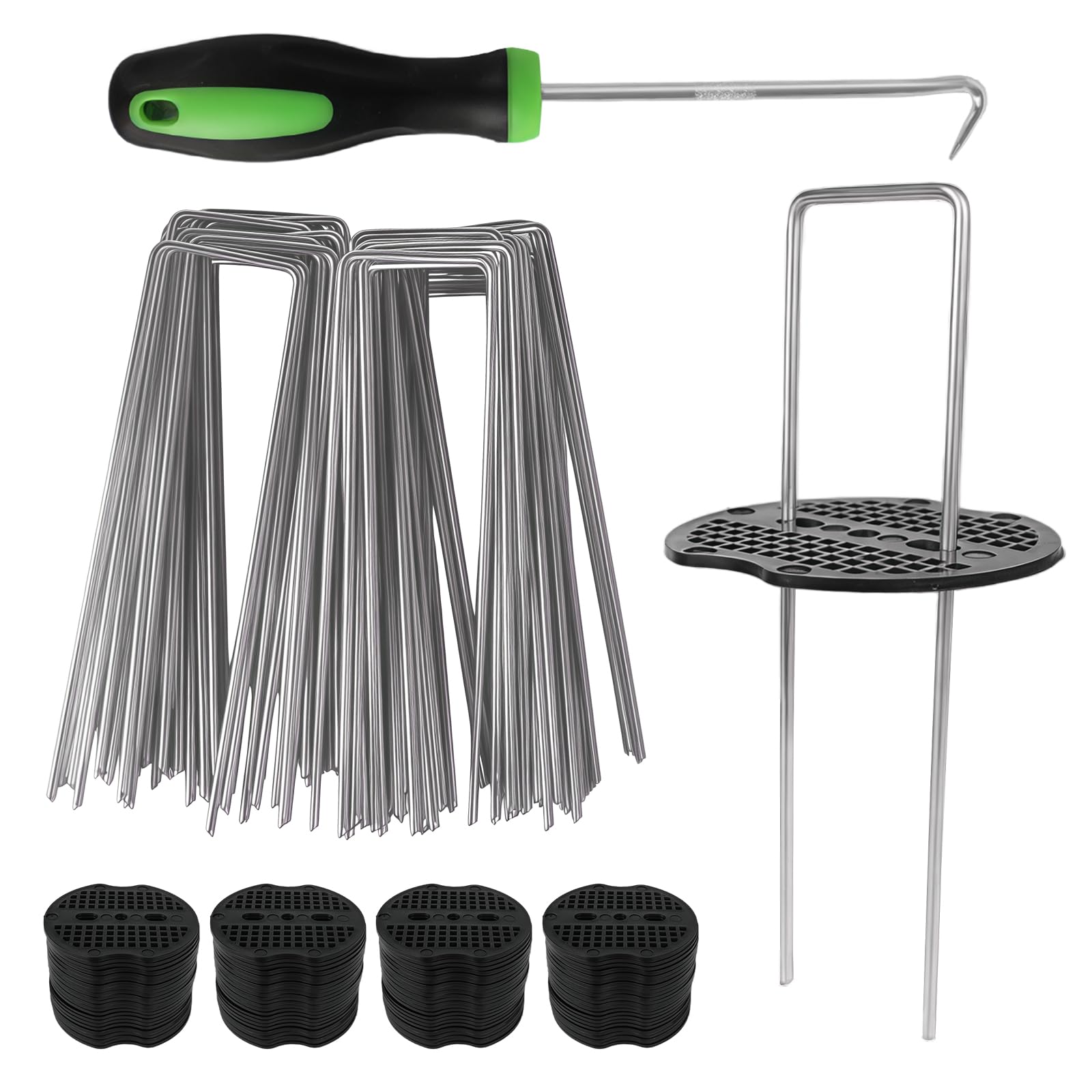Garden Stakes Staples Kit, 50Pcs U-Shaped Landscape Staples and 50Pcs Fixing Gasket, Galvanized Lawn Pins with Pick Hook, For Fabric Barrier Ground Cover Fence Turf