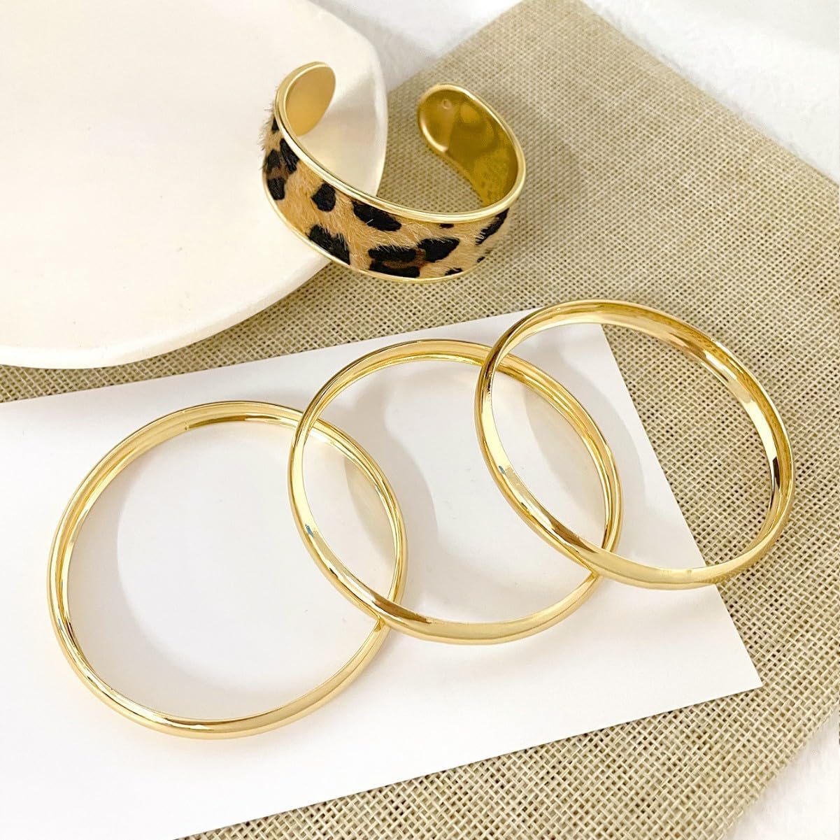 Chunky Gold Bangle Bracelet for Women, Leopard Print Bond Touch 4Pcs Set Stack Statement Bracelets Cheetah Gold Jewelry Stackable Cuff Gift - Image 5
