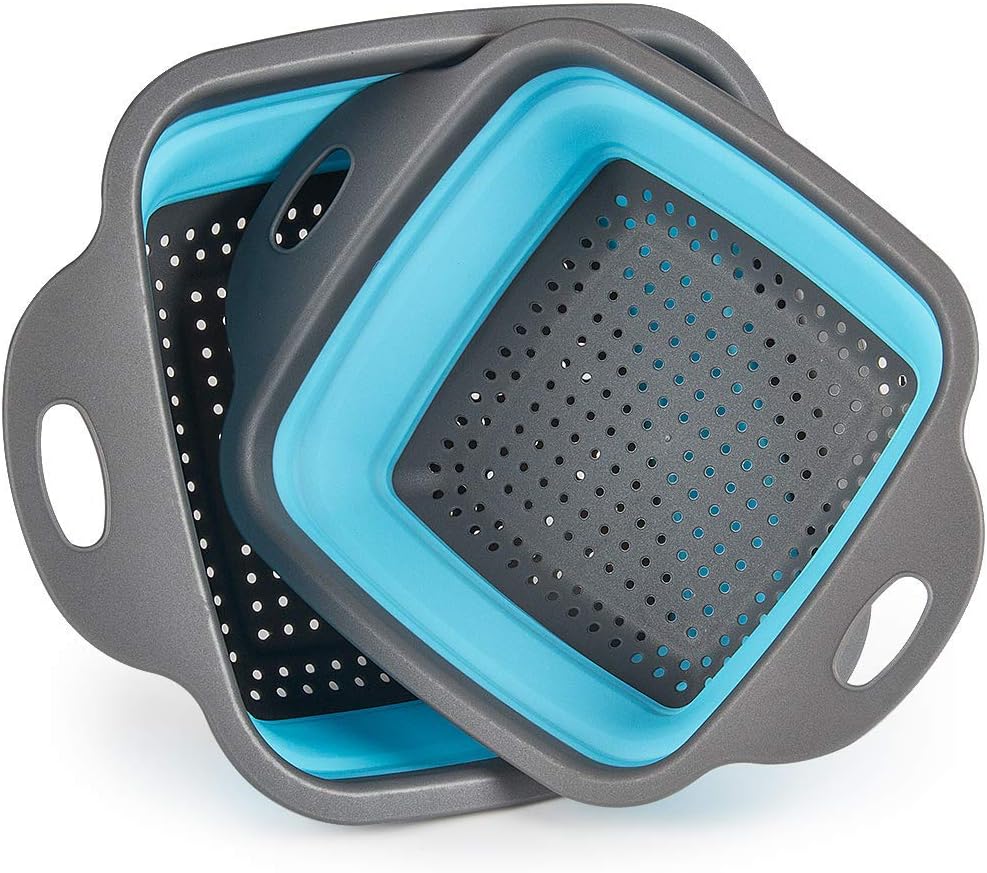 Set of 2 pcs Foldable Silicone Colander Fruit Vegetable Washing Basket Strainer Collapsible Drainer with Handle Kitchen Tool. (Blue)