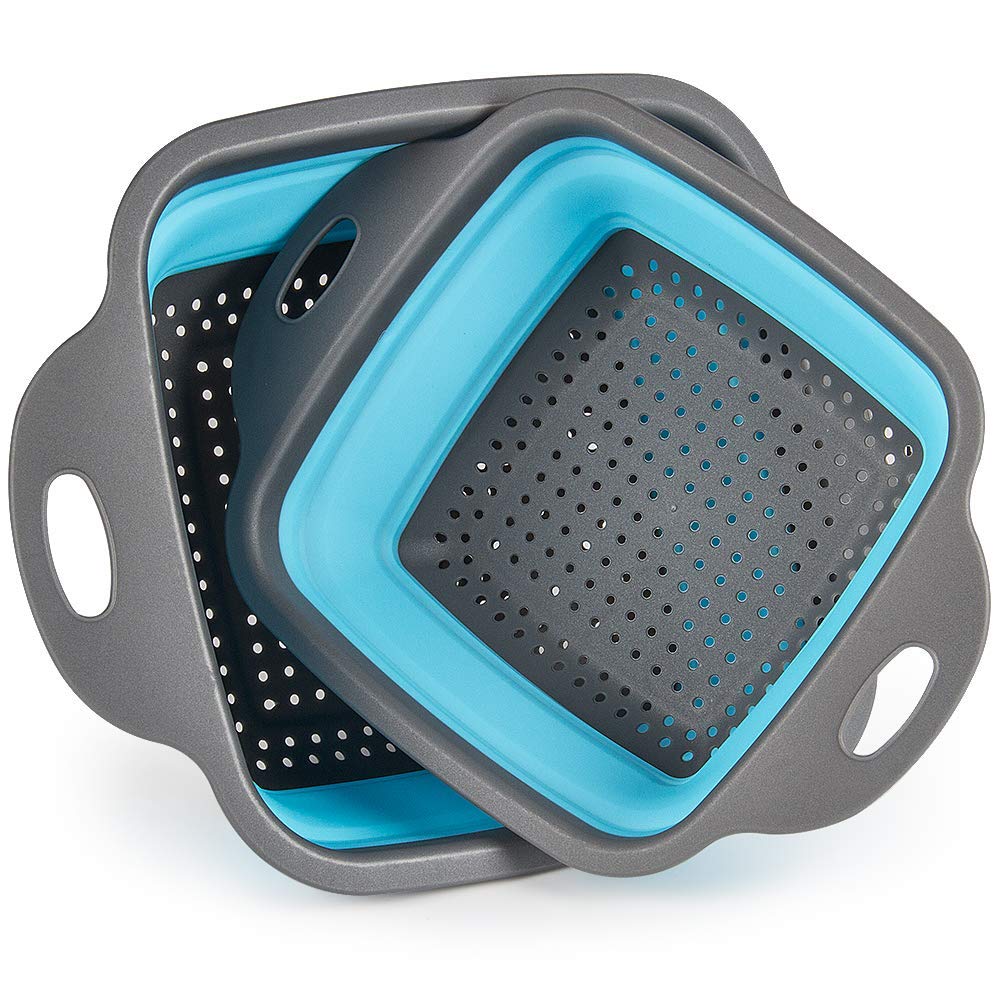 Set of 2 pcs Foldable Silicone Colander Fruit Vegetable Washing Basket Strainer Collapsible Drainer with Handle Kitchen Tool. (Blue)