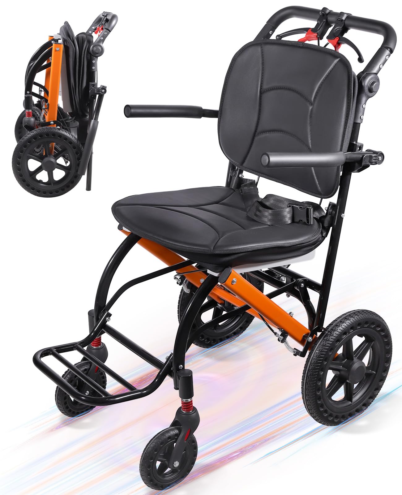 Wheelchairs for Adults, Transport Wheelchair Lightweight Foldable, Portable Transport Ergonimic Travel Chair with Multi-Angle Adjustable Push Handles, Gifts for People with Mobility Challenges（Orange）