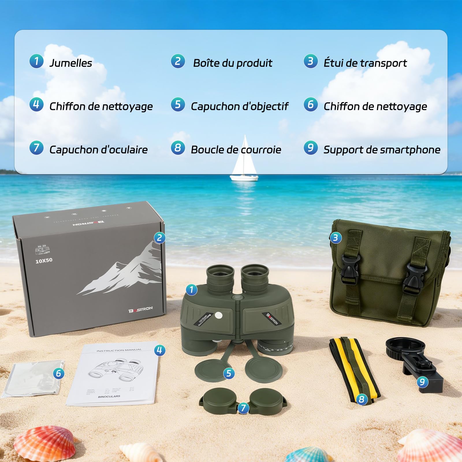 10x50 Jumelles Marines étanche pour Adultes pour Voyage | Jumelles avec Boussole Télémétrique étanche Remplie - HD BAK4 Prism FMC Objectif pour l'observation Oiseaux, Concert