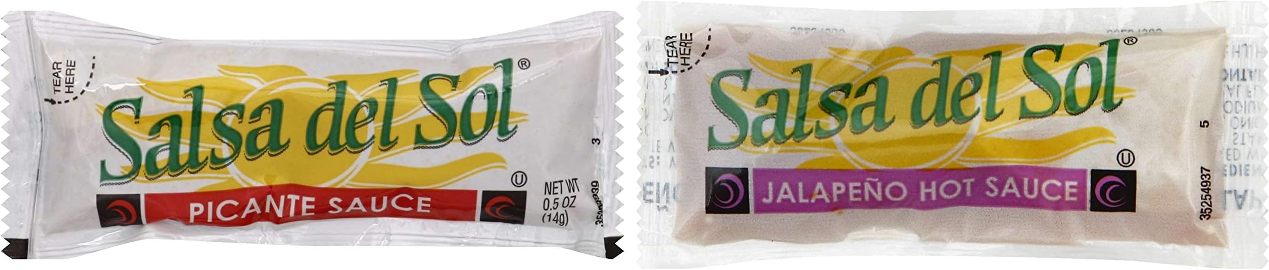 Salsa Del Sol Bundle with Picante Sauce and Jalapeno Hot Sauce, 50 Packets of Each (Pack of 100) - Packed in Make Your Day Box