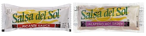 Paquete de Salsa Del Sol con salsa picante y salsa picante de jalapeño, 50 paquetes de cada uno (paquete de 100) - Empaquetado en Make Your Day Box