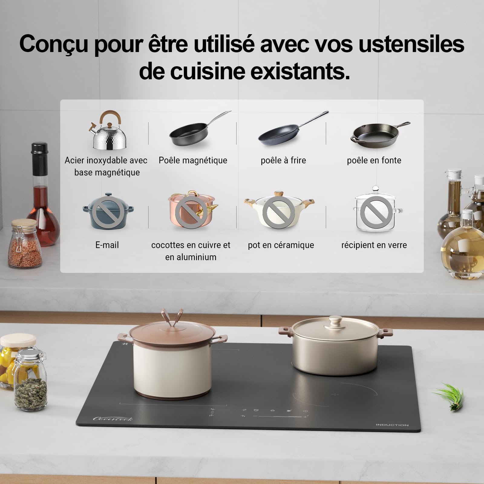 Table de cuisson électrique à induction 59 cm, plaques chauffantes encastrables avec zone pont, 7000 W, 240 V, verre mat, résistant aux rayures, fonction pause et maintien au chaud