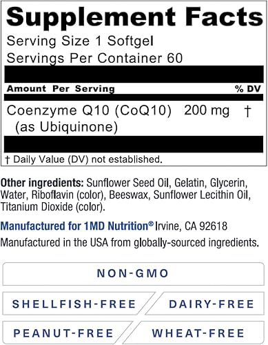 Miniatura 4 de 1MD Nutrition CoQ10 - para la salud del corazón y la producción de energía celular - Suplemento de salud para hombres y mujeres - Coenzima Q10