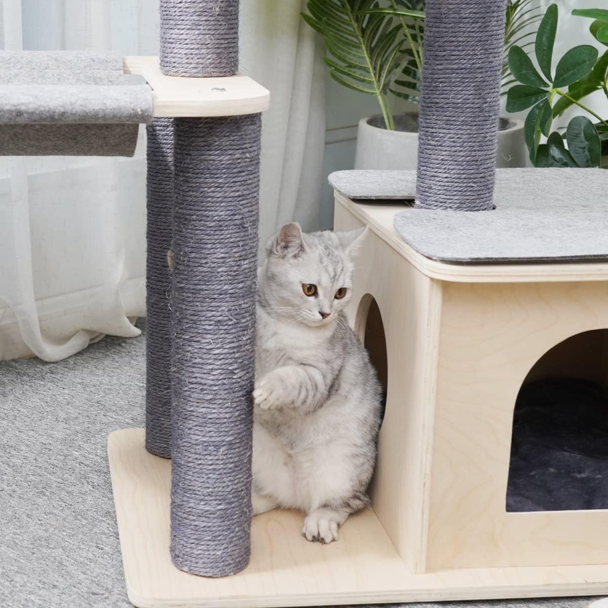 AGILE 59" Modern Real Pine Plywood Cat Tree Condo Tower with Natural Sisal Scratching Climbing Posts and Napping Hammock (Loki)