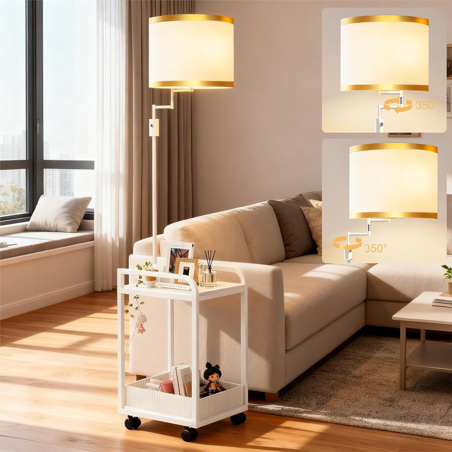 Lightdot 63IN Floor Lamps with Table&Basket, Modern Standing Tall Lamps with Adjustable Fabric Shade and Movable Casters, End Table Lamp for Living Room/Sofa Beside/Corner Decor-White(Bulb Included)