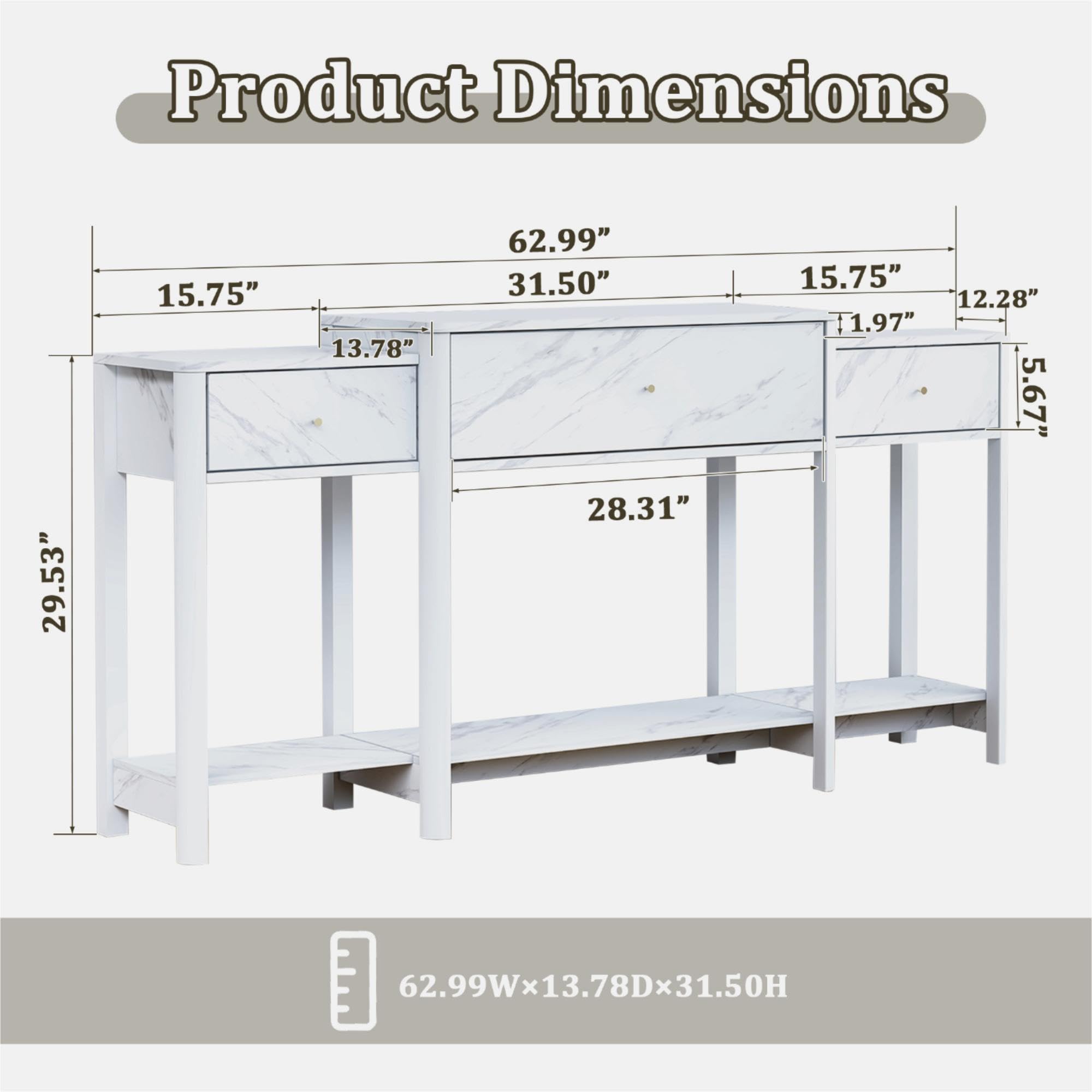 Table d'entrée avec 3 tiroirs en bois - Table console moderne pour le hall d'entrée, organisateur de rangement pour couloir, table d'appoint moderne avec étagère inférieure (blanc marbré)