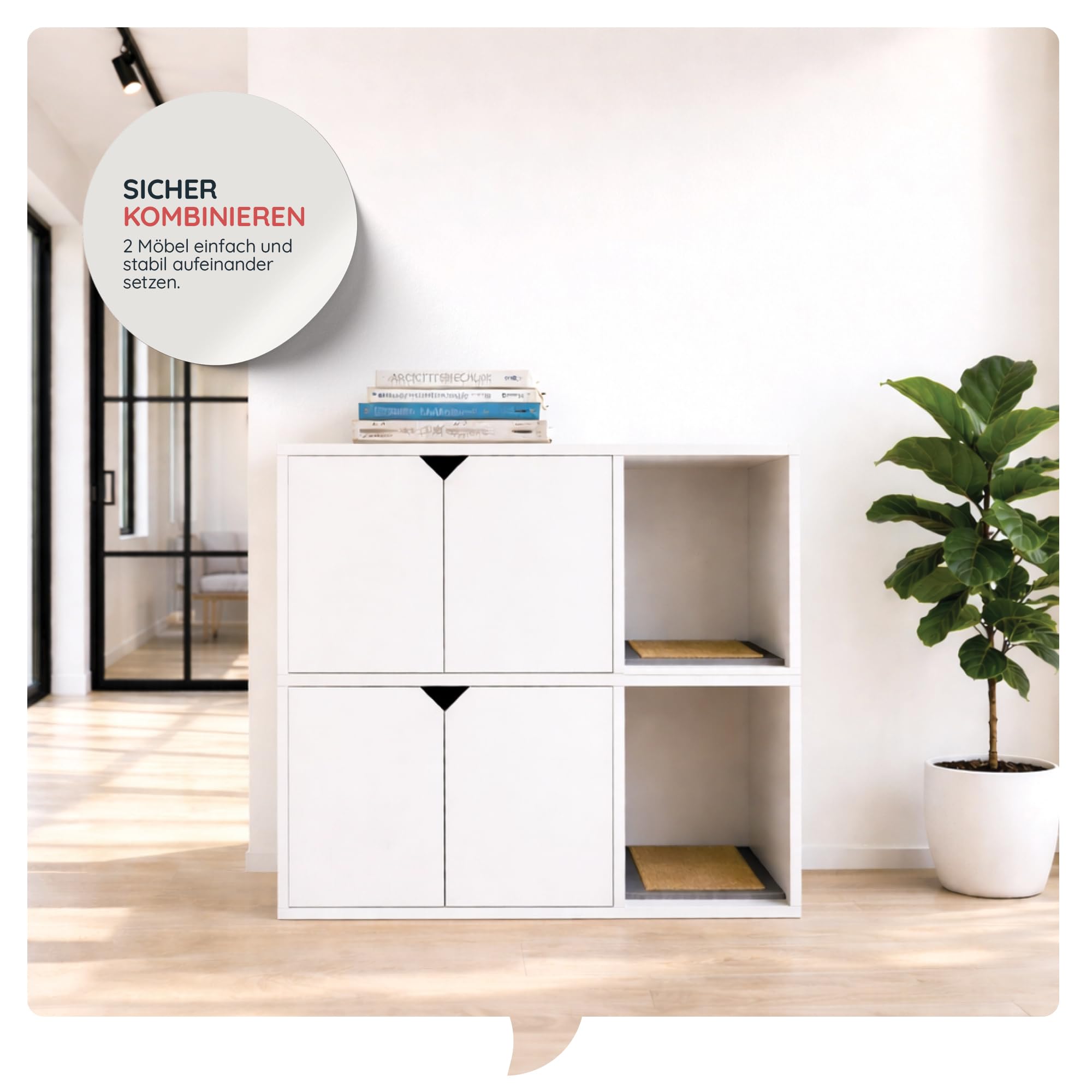 Catchi Katzenklo Schrank in Weiß – Nachhaltig & 100% recycelbar – Formaldehydfrei & Schadstofffrei – inklusive Kratzbrett – Werkzeuglose Montage – Modernes Design - 91x52x43cm