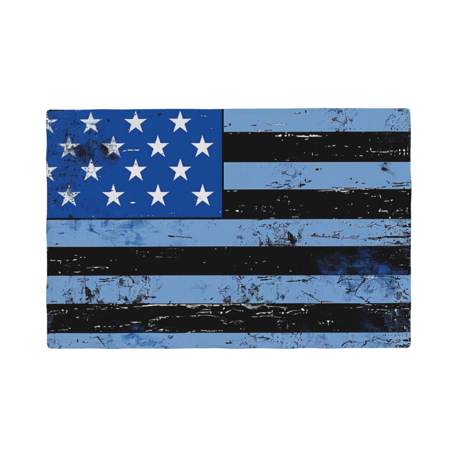 Retro Blue Thin Line Usa Flag Print Placemats Set, Heat Resistant Washable Placemat 12x18in Table Mats for Party Kitchen Dining Table Decoration Indoor Outdoor, Four Pieces