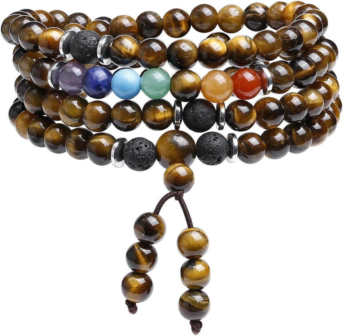 108 Mala Prayer Beads Wrap Bracelet Necklace Natural Tiger Eye Stone Bracelet Necklace 7 Chakra Reki Healing Crystal Yoga Meditation Gemstone Bracelets for Women Men Gift for Christmas