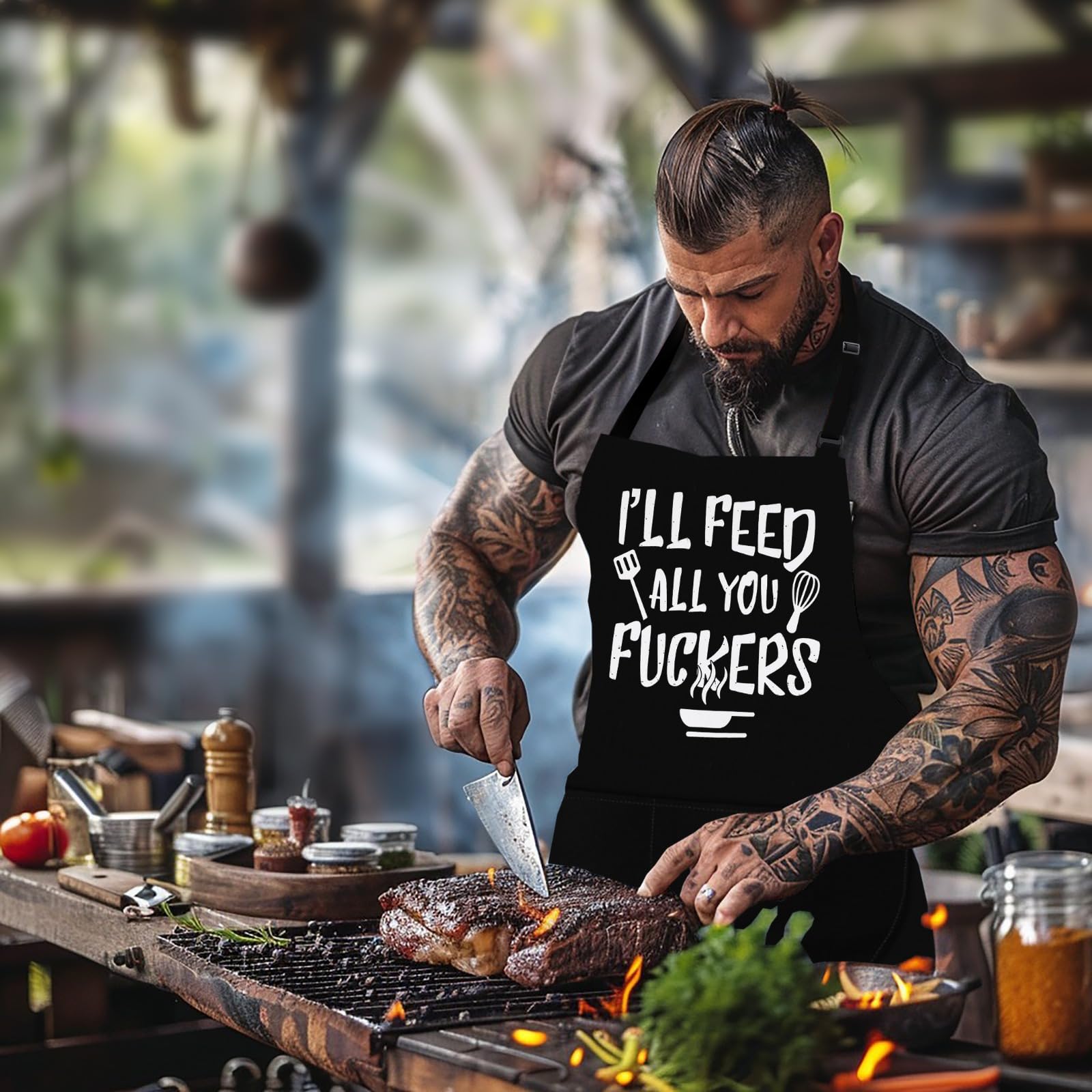 LINEN CLOSET®Funny Gifts for Men Bbq Chef Aprons for Men Rude Black Kitchen Cooking Grilling Aprons for Christmas Cooking Gifts for Dad Son Father Husband with 2 Pockets- I'll Feed All You - Image 4