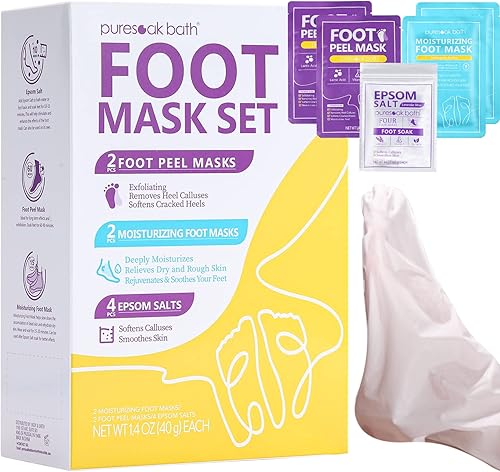Puresoak - Mascarillas para pies de baño (2 pares) + máscara hidratante para pies (2 pares) con 1 paquete de sal de Epsom para pies y spa, set de