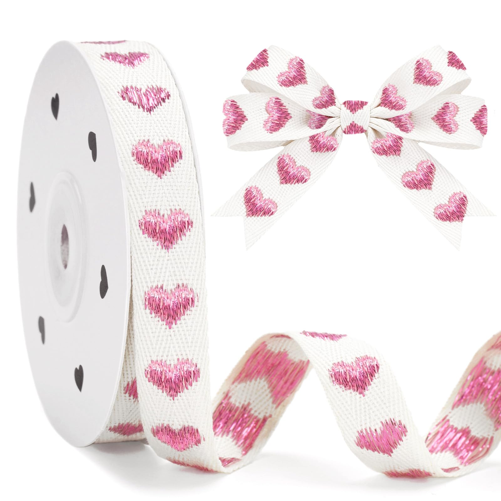 jijAcraft Rose Gold Heart Cotton Ribbon: 15mm Embroidered Hearts Ribbon for Gift Wrapping, 10yards Soft Heart Decorative Ribbons for Valentine’s Day, Wedding, Birthday, Floristry, DIY Crafts