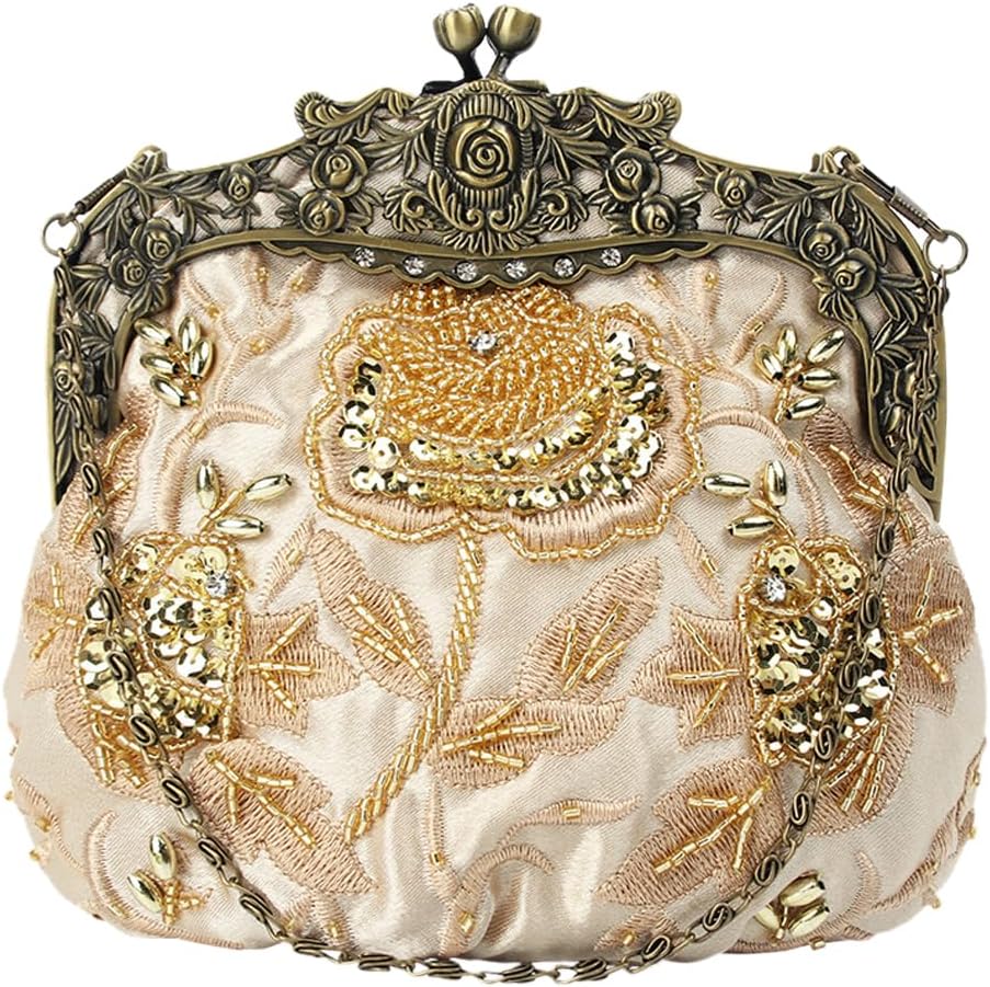 Women's Vintage Beaded Sequin Flower Evening Handbags Wedding Clutches Prom Cocktail Party Handbags