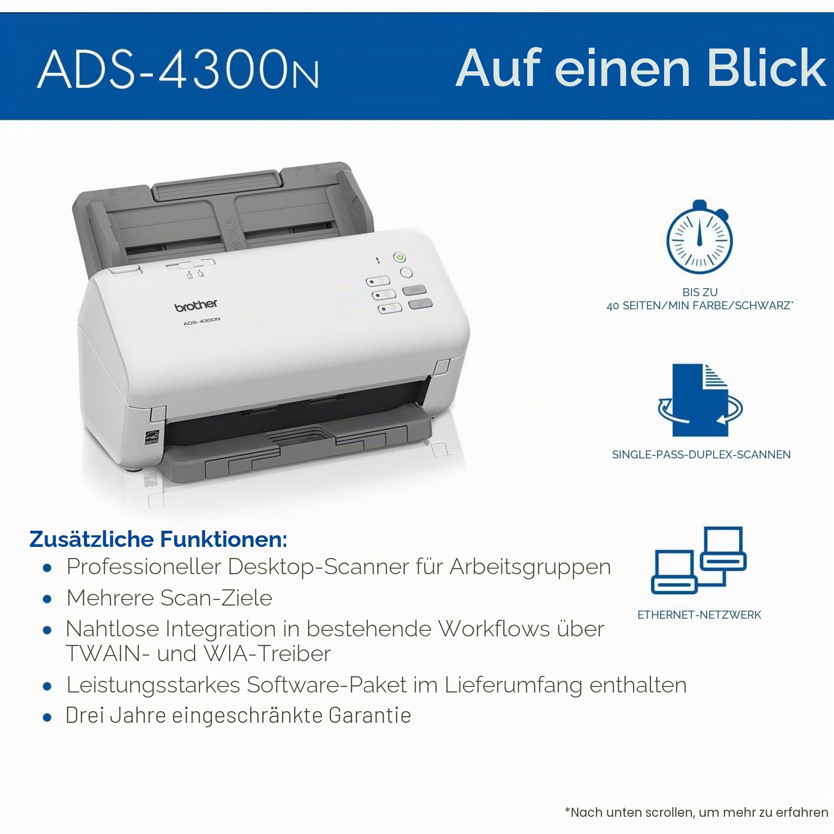 Brother ADS-4300N Professioneller Desktop-Scanner mit schnellen Scangeschwindigkeiten, Duplex und Netzwerk