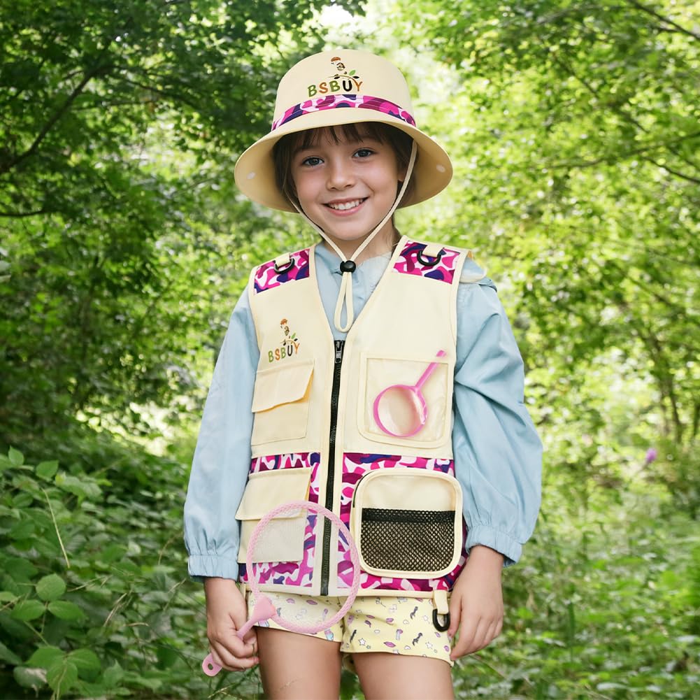 Kit d'exploration Enfants, 4Pcs Costume Explorateur Extérieur Camouflage avec Filet à Papillons et Loupe, Kit de Aventurier Extérieur, Cadeau d'exploration Nature pour Garçon Fille, Rose - 5