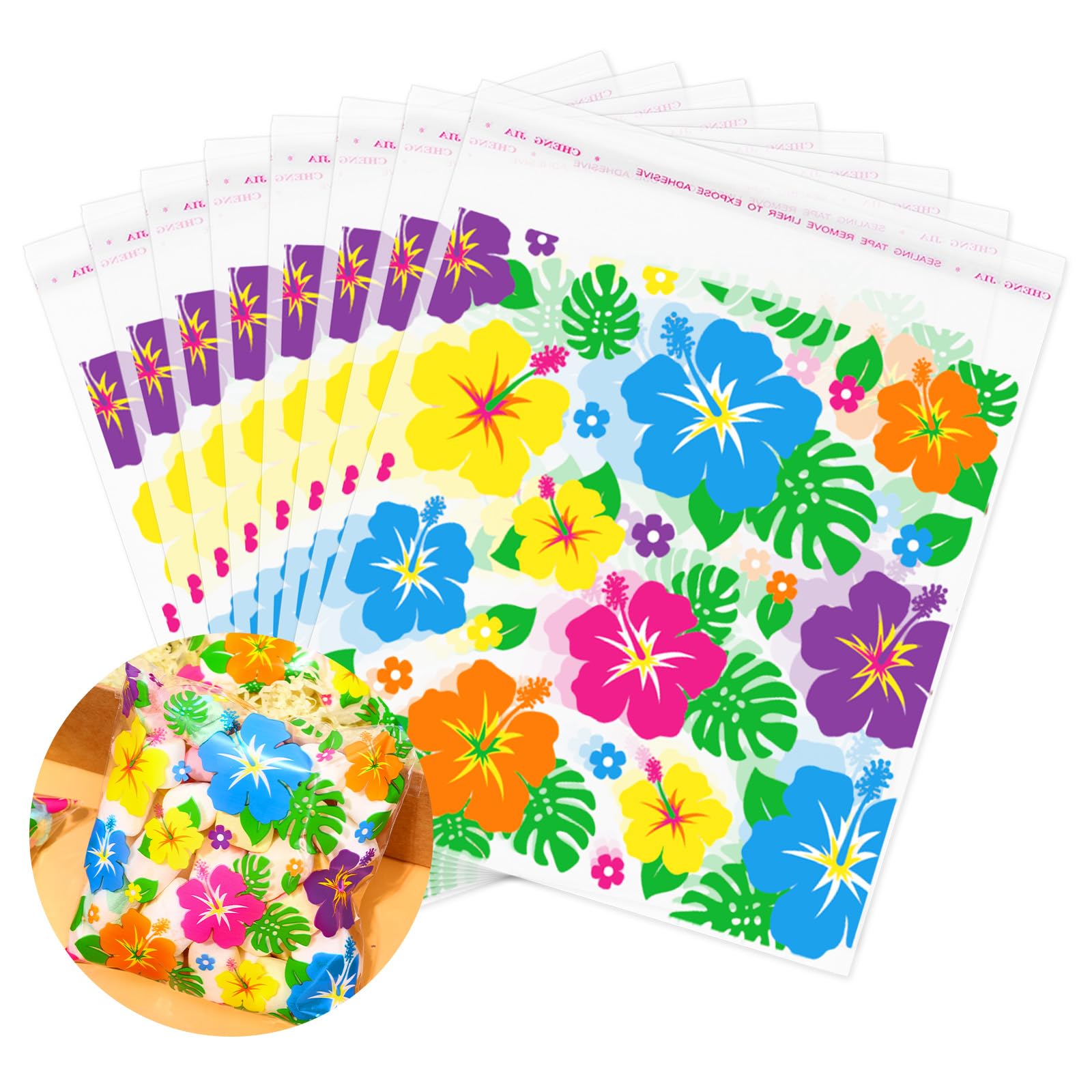FYSUIMU 300Pcs Hawaiian Hibiscus Cellophane Bags Colorful Tropical Floral Self Adhesive Treat Bag Clear Flat Candy Goodie Bags for Summer Beach