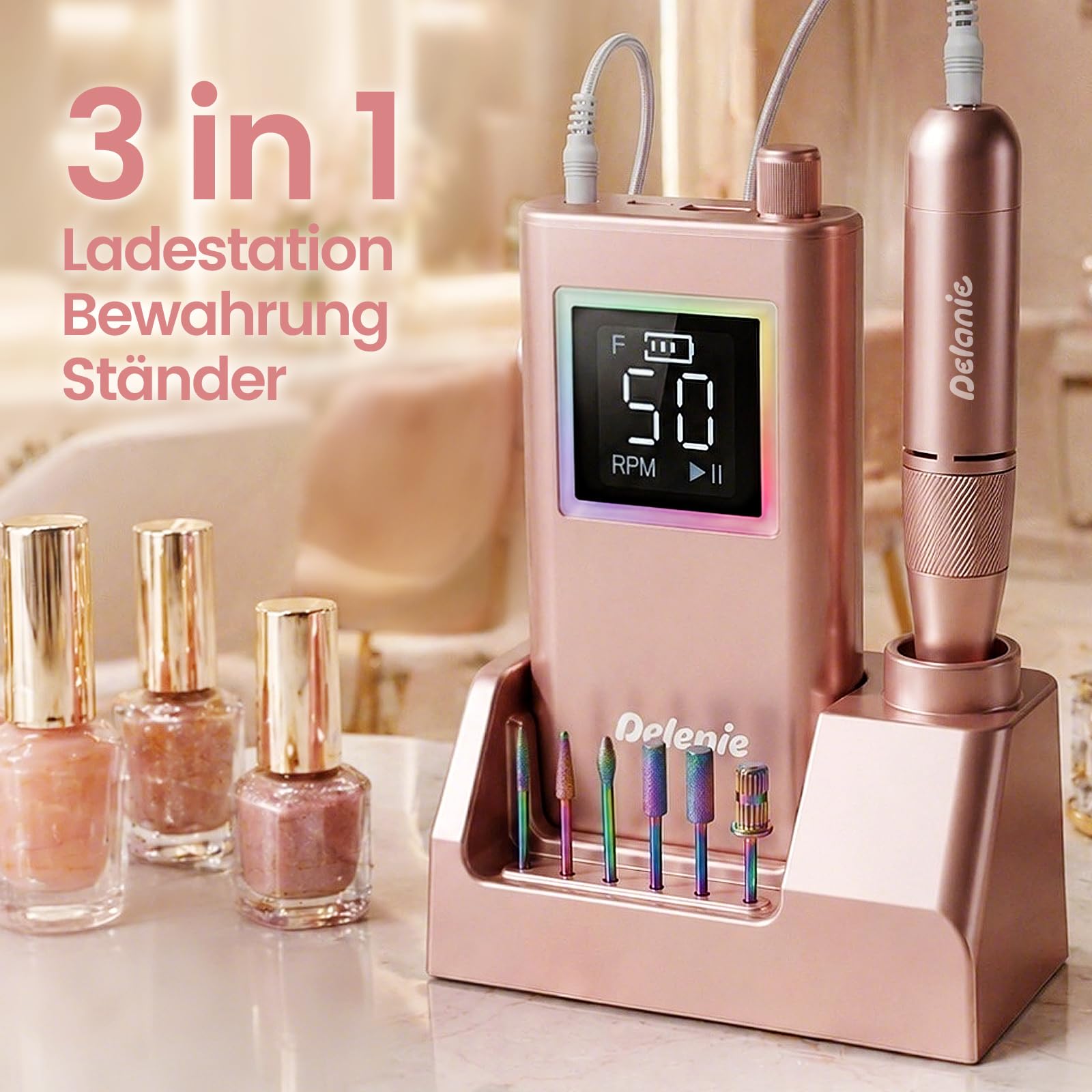 Delanie elektrischer Nagelfräser professionell 50000 U/Min mit Ladestaion, Maniküre Fräser für Nägel & Acrylnägel, tragbarer Nagel Fräser für Gelnägel für Anfänger Zuhause & Salon Profis +12 Nagelbits
