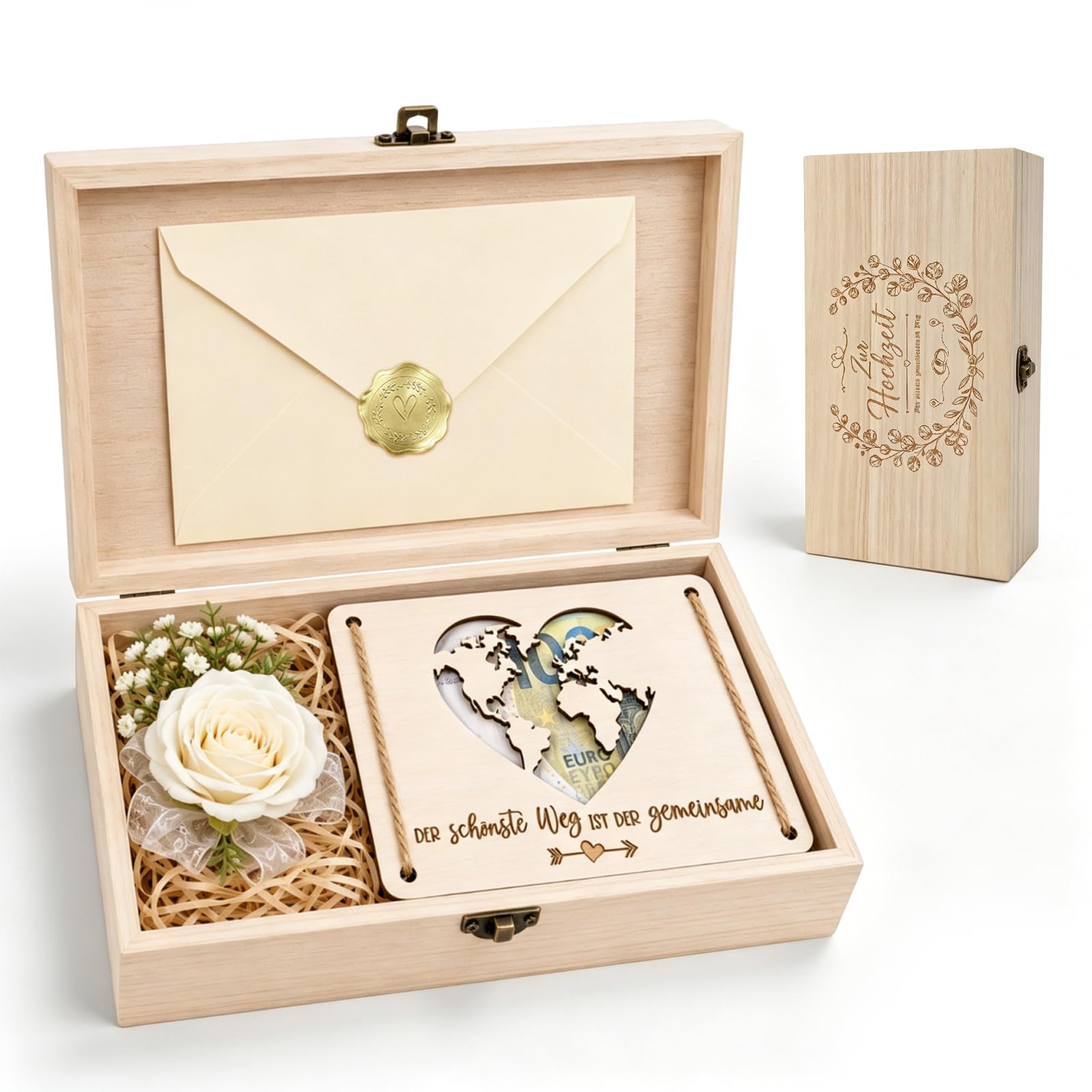 Caja de madera para regalo de boda, grande, regalo de boda para novios, caja de regalo con tarjeta, pinza para dinero y flores secas, para bodas para tu camino común
