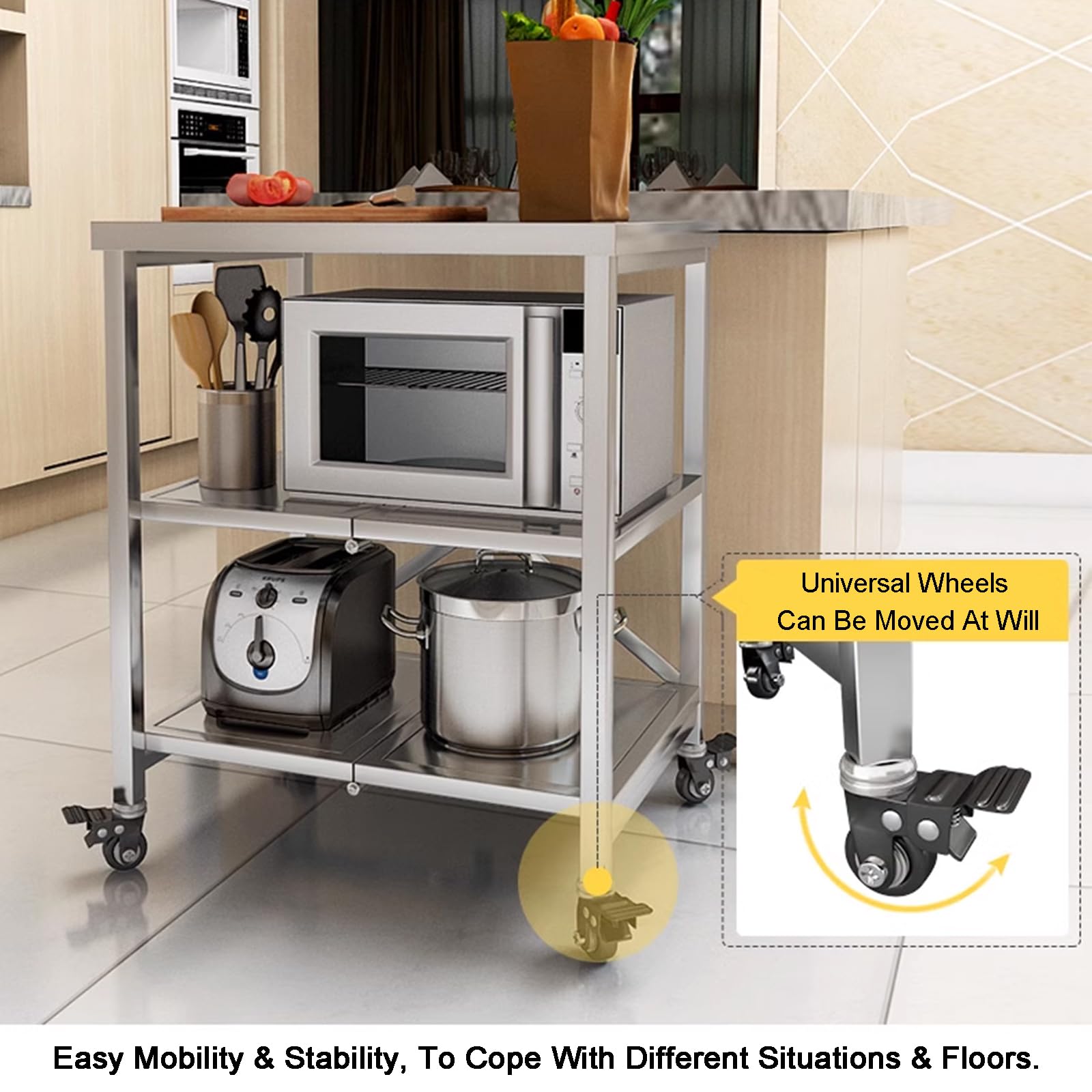 Carro De Acero Inoxidable con 3 Estantes, Carro De Cocina con Ruedas De Freno, Estante Plegable Y Rodante para Catering, Carro De Transporte para Cocina De Restaurante