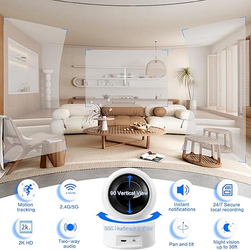 Miniatura 2 de OJR Cámara de seguridad interior 2K HD, cámara WiFi para mascotas de 5 GHz, panorámica/inclinación, detección de movimiento para monitor de perro
