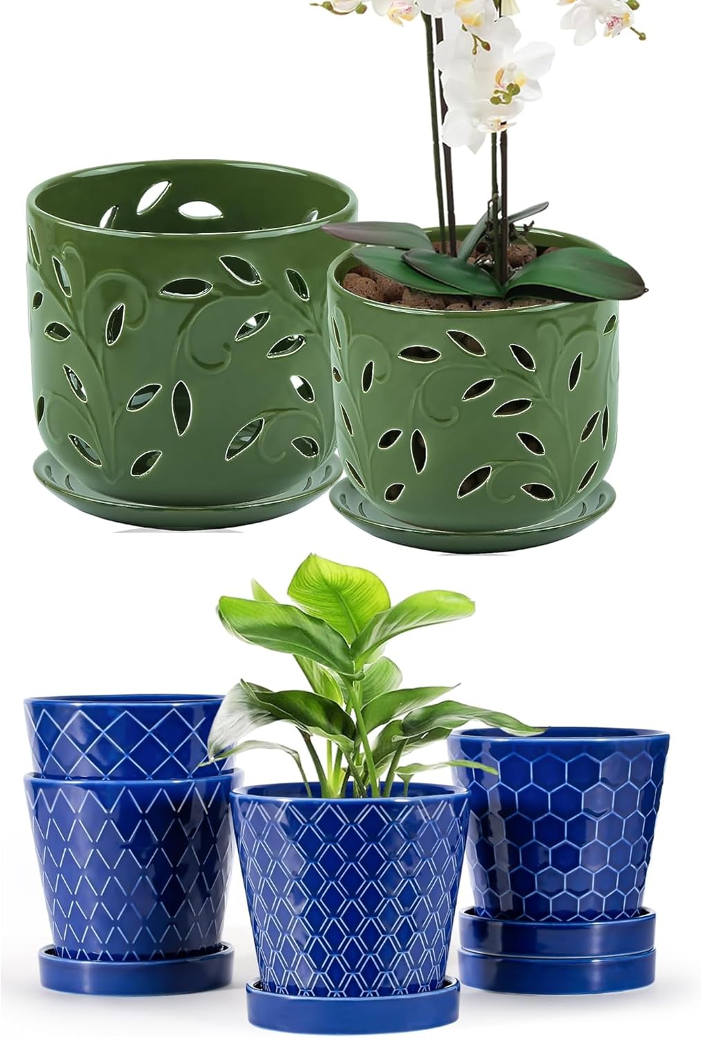 EFISPSS Orchid Pot with Holes, 5+6Inch Ceramic Plant Pots with Drainage Holes and Tray+Ceramic Plant Pots, 5Inch Pots for Indoor Plants, Planters with Drainage Holes and Ceramic Tray Set of 6