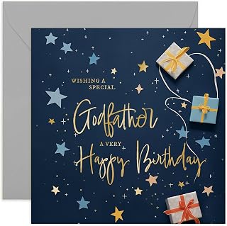 Special Godfather Birthday Card - Navy Blue Male Birthday Card with Star Theme - Modern, Masculine, Quirky Greeting Card | Blank Inside
