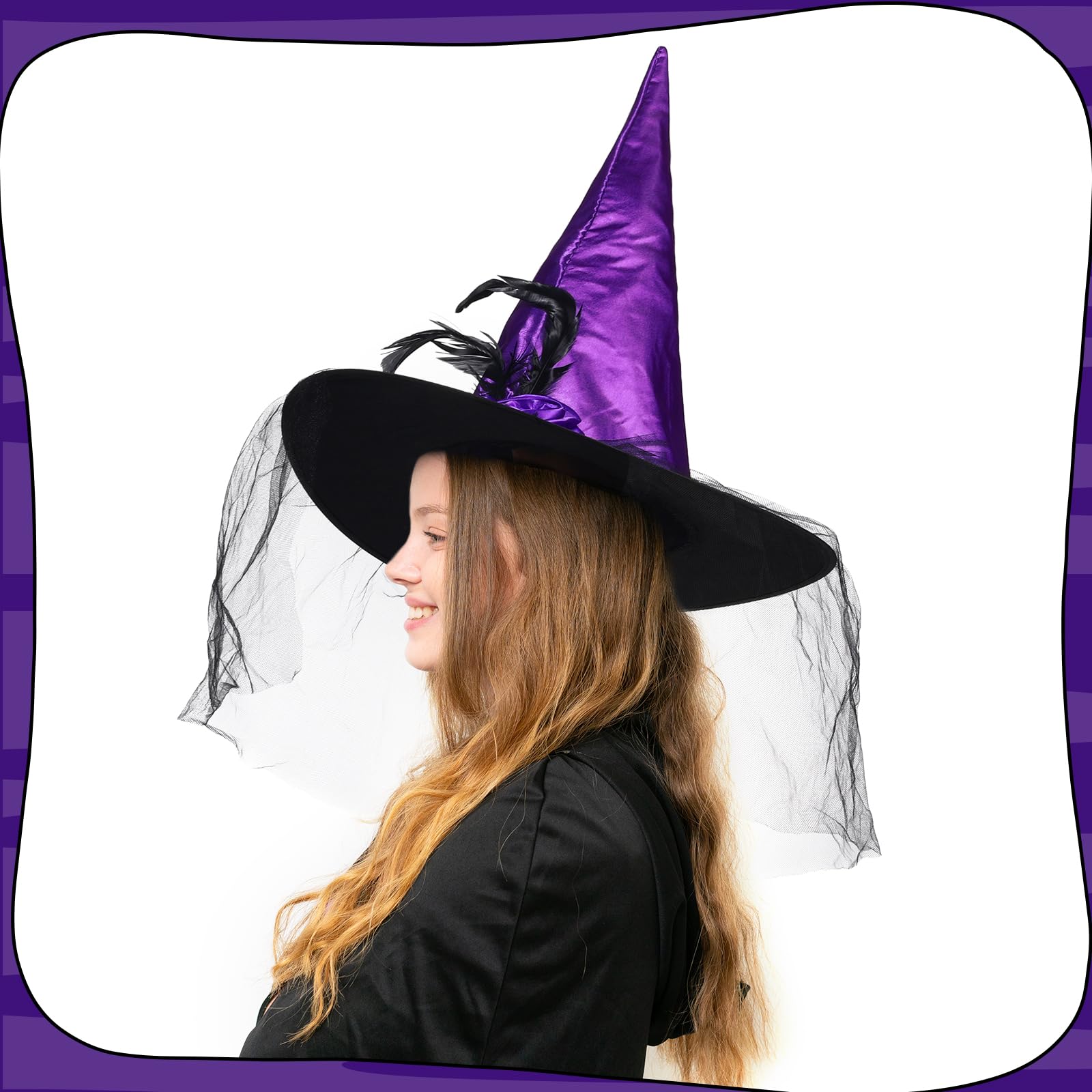 Liobelon Purple Witch Hat Women, Witches Hat, Halloween Witch Hats for Party Men Adult Girls Costume Cosplay Velvet Witch Hat with Soft Lace Mesh Rose Flower and Feather