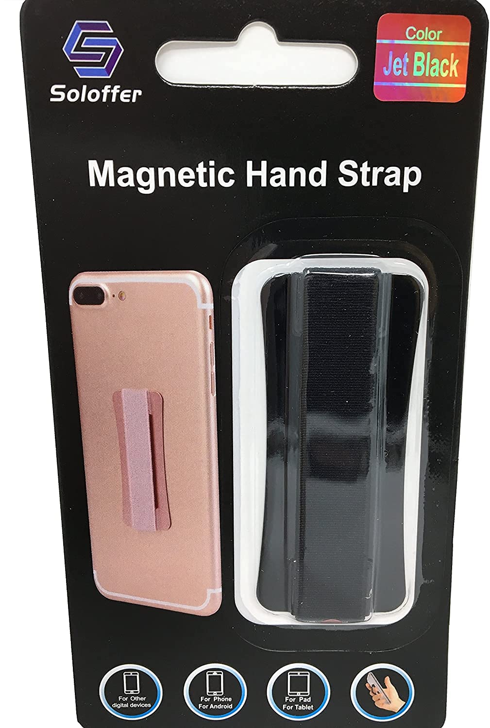 Soloffer Magnetic Hand Strap - Holds Device with Fingers Extreme Thin for Most Mobile/Tablet Devices Compatible Magnet Phone Car Holder (Black)
