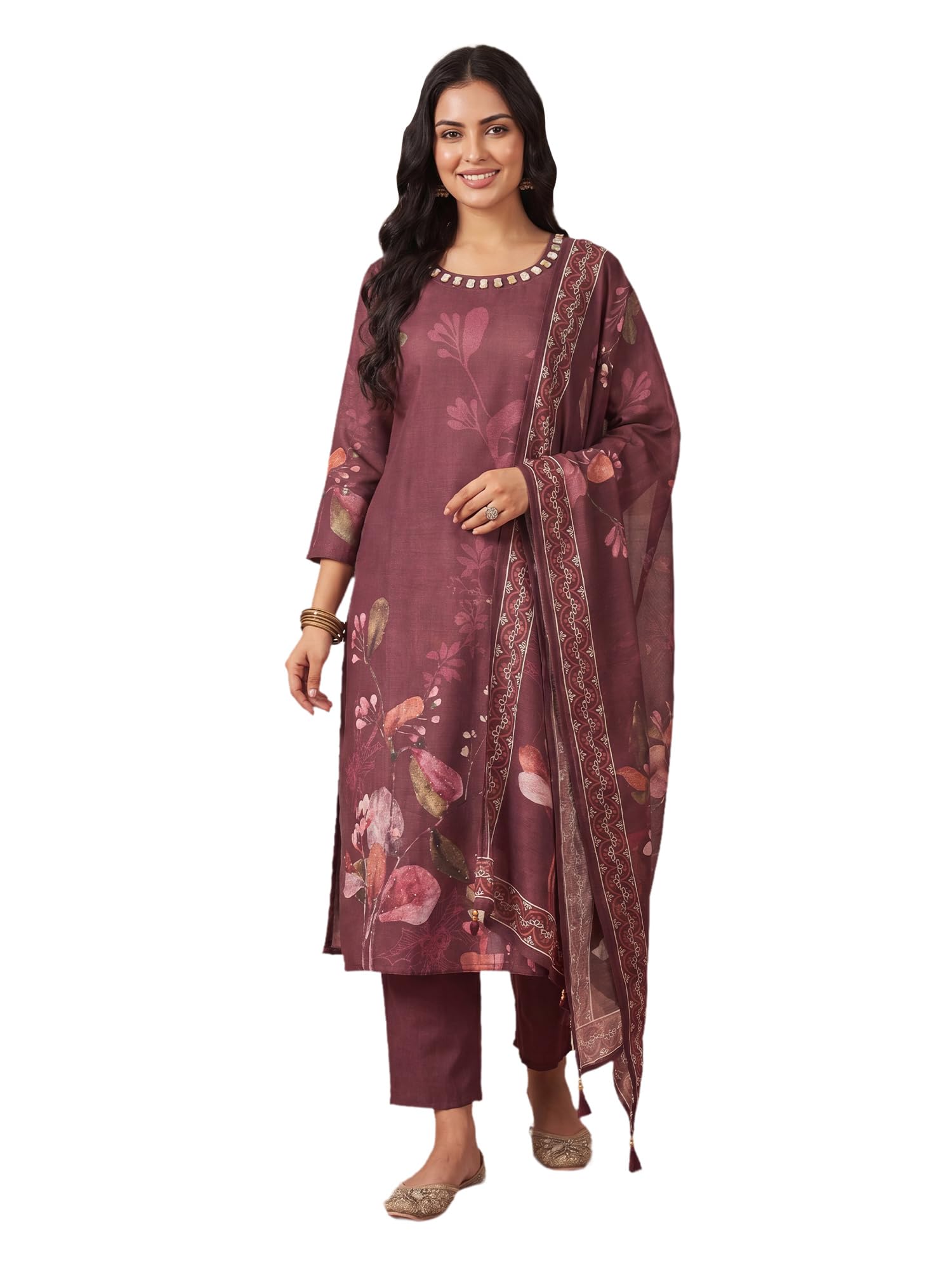 indo era Women's Linen Floral Printed Thread Work Straight Kurta & Pant with Dupatta Set | Kurta Sets For Woman-picture-34