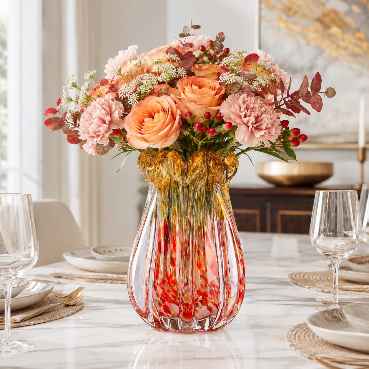 Vase en verre soufflé à la main, 24 cm, dégradé rose et ambré, vase en verre avec bord ondulé unique, vase à fleurs décoratif fait à la main pour salon, centre de table, décoration d'intérieur, cadeau