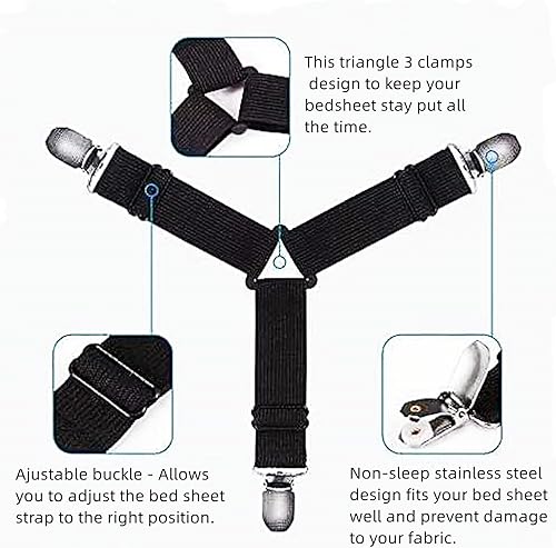 Miniatura 2 de 8 correas para sábanas  Correas ajustables triangulares elásticas para sábana bajera, clips de sábanas chapados en níquel de primera calidad para