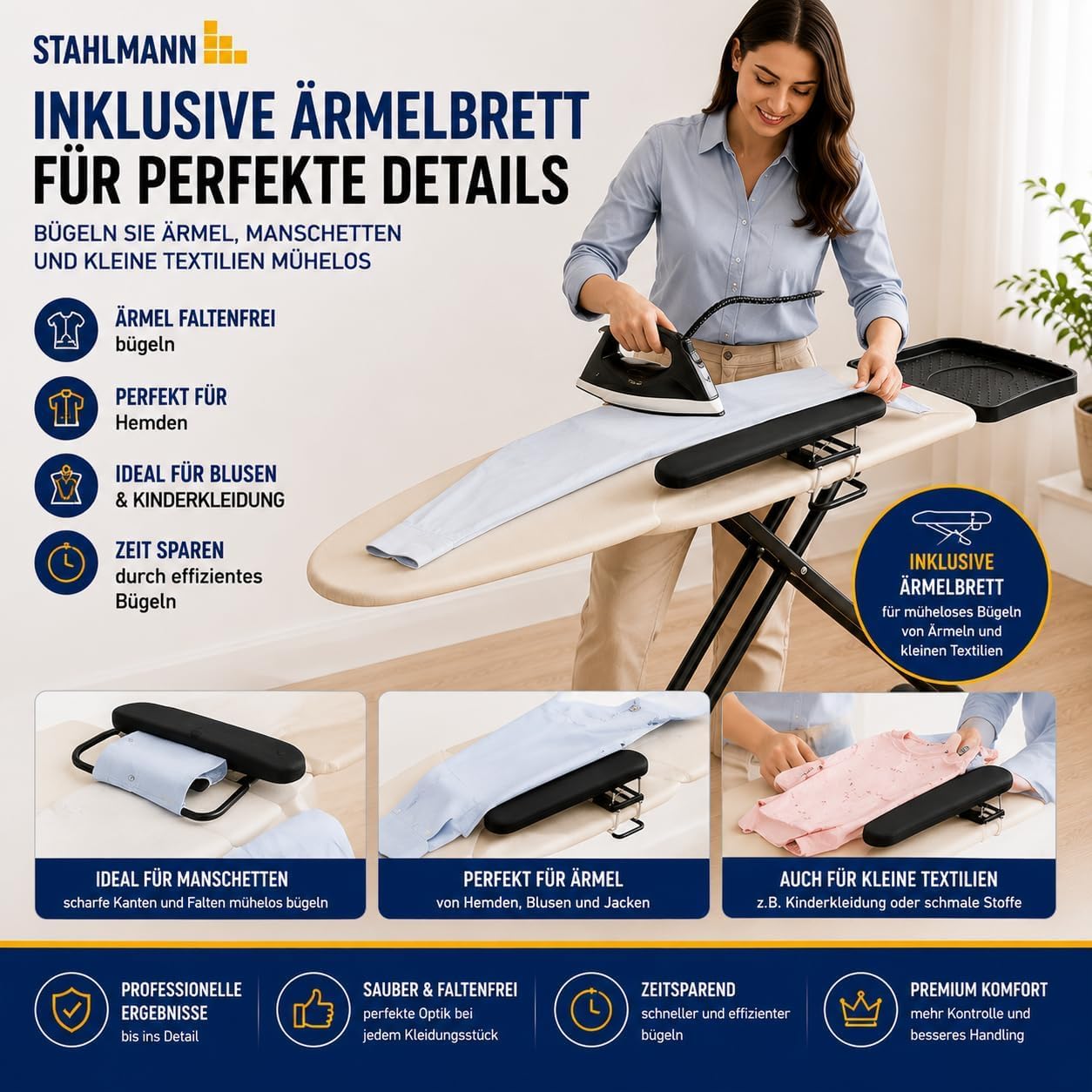 STAHLMANN® Bügelbrett für Dampfbügelstation [132x46] Ärmelbrett + Rollen | Dampfbügelstation-Bügelbrett 132 x 46 cm | Ärmelbrett | Rollen | 60-90 cm | Made in Europe