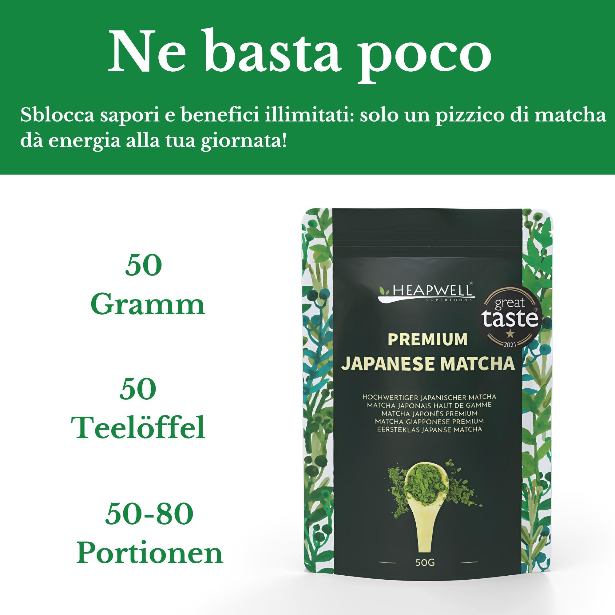 Matcha Giapponese Premium da Kagoshima - Tè Verde in Polvere 50g - Per Lattes, Frullati e Torte - Vincitore del Premio "Great Taste" - Heapwell Superfoods