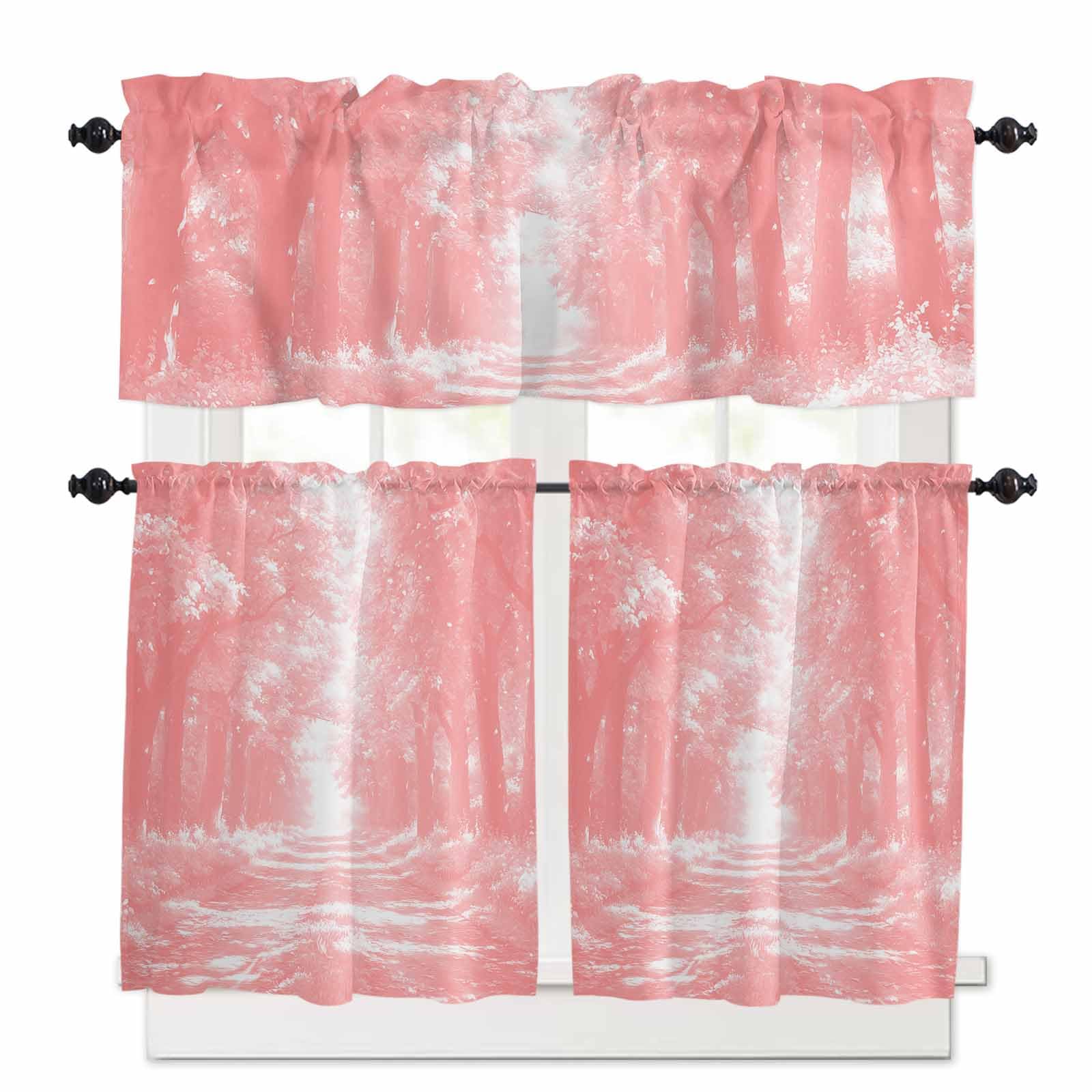 Pink Trees Kitchen Curtains 36 Inch Length,3 Piece Rod Pocket Small Half Tiers and Valance Set,Forest Art Decor Spring Summer Nature Leaf Small Large Window Treatment Decor for Bedroom/Bathroom Sink