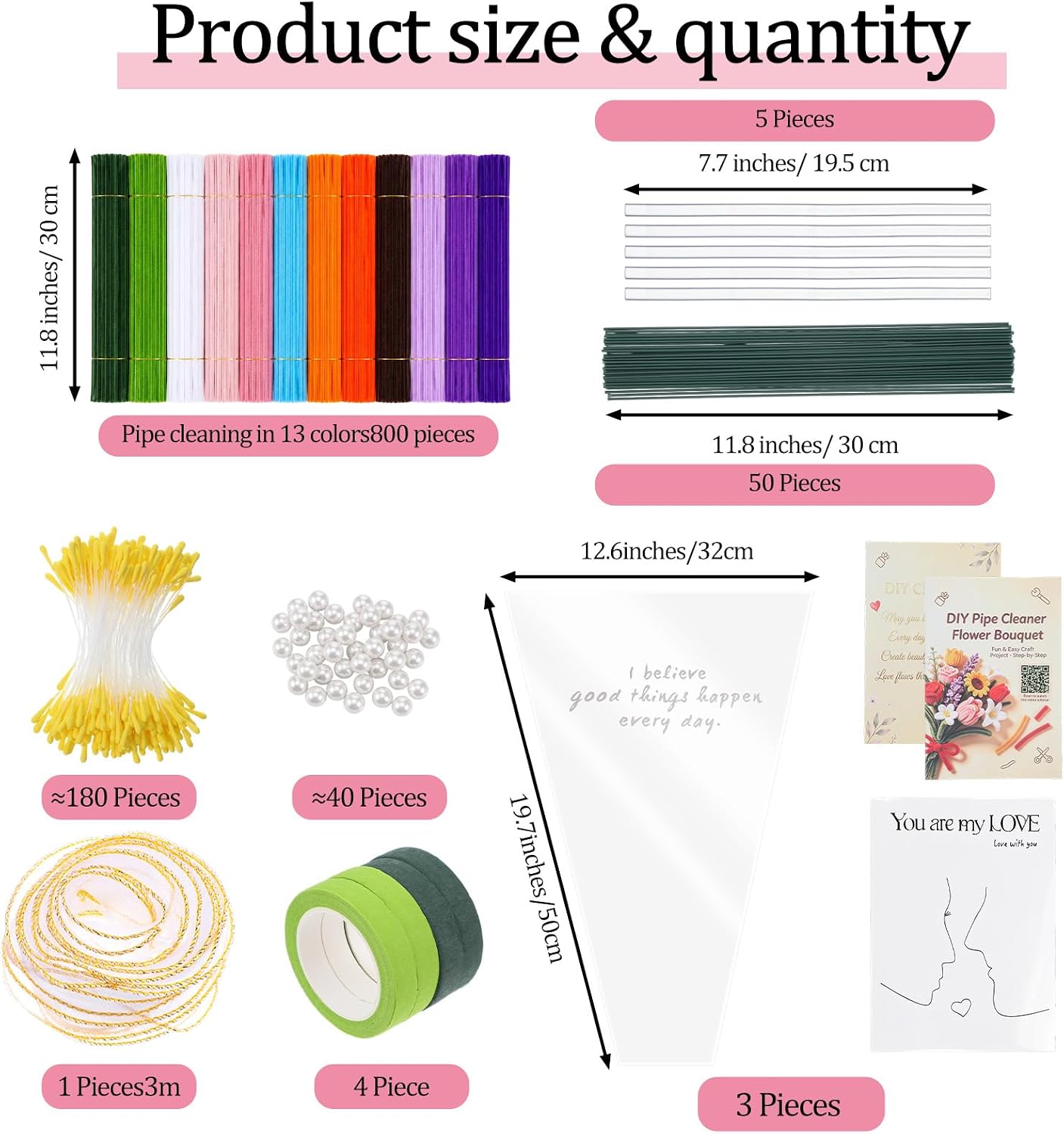 Ckhoid 800 Pcs Pipe Cleaners Craft, Pipe Cleaners Flowers Kit with Handle