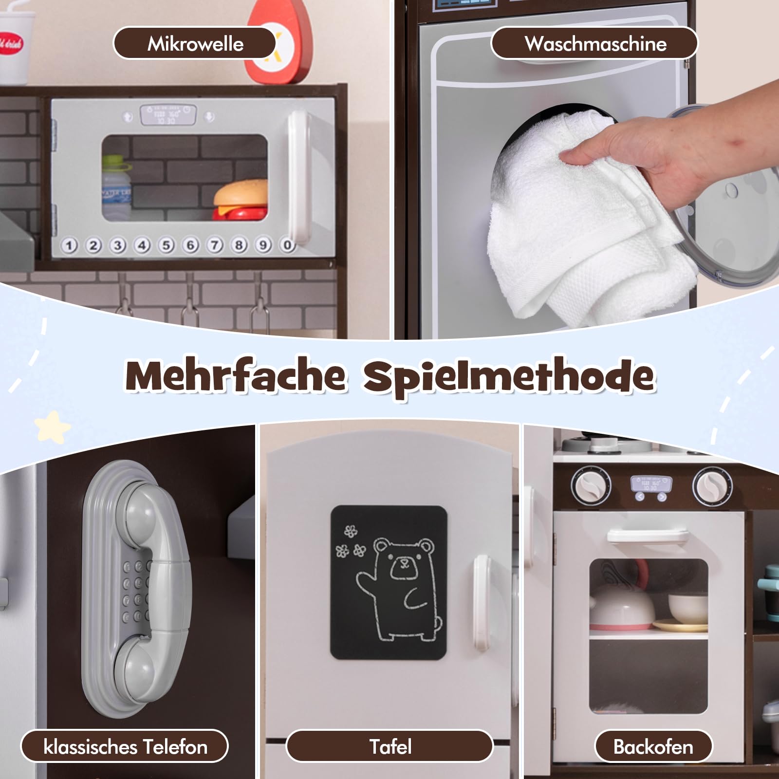 COSTWAY Kinderküche Holz, Eck Spielküche mit Licht & Sound, inkl. 7 Zubehör, Spielzeugküche mit Herd, Spüle, Eismaschine, Mikrowelle, Waschmaschine, Dunstabzugshaube, Telefon, für Kinder ab 3 Jahren