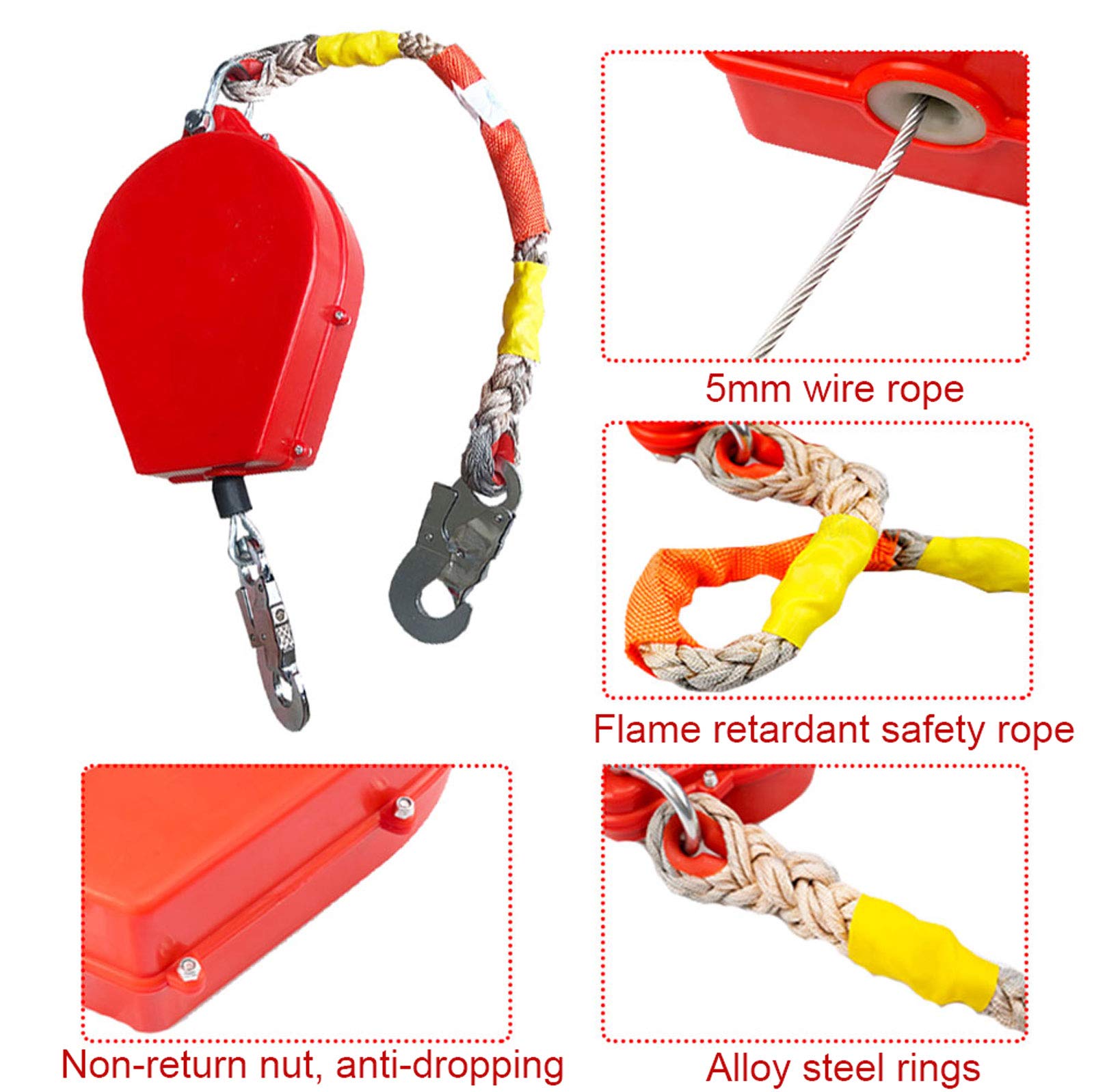 DFGENLY Anticaídas Retráctil Dispositivo, Retráctil Elemento Anti-caída, Portátil Limitador de Caída Personal Sistema de Sujecion, Carga 440lb, Cordón de Seguridad con Cierre de Gancho