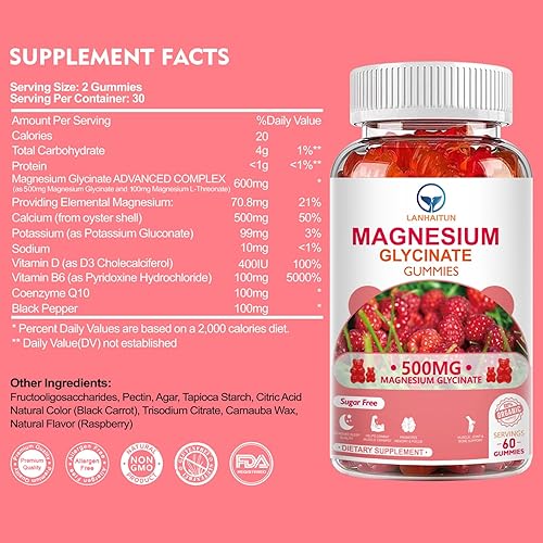 Miniatura 2 de Glicinato de magnesio 500 mg gomitas con 100 mg de L-treonato de magnesio para niños adultos, gomitas de magnesio sin azúcar, suplemento de magnesio