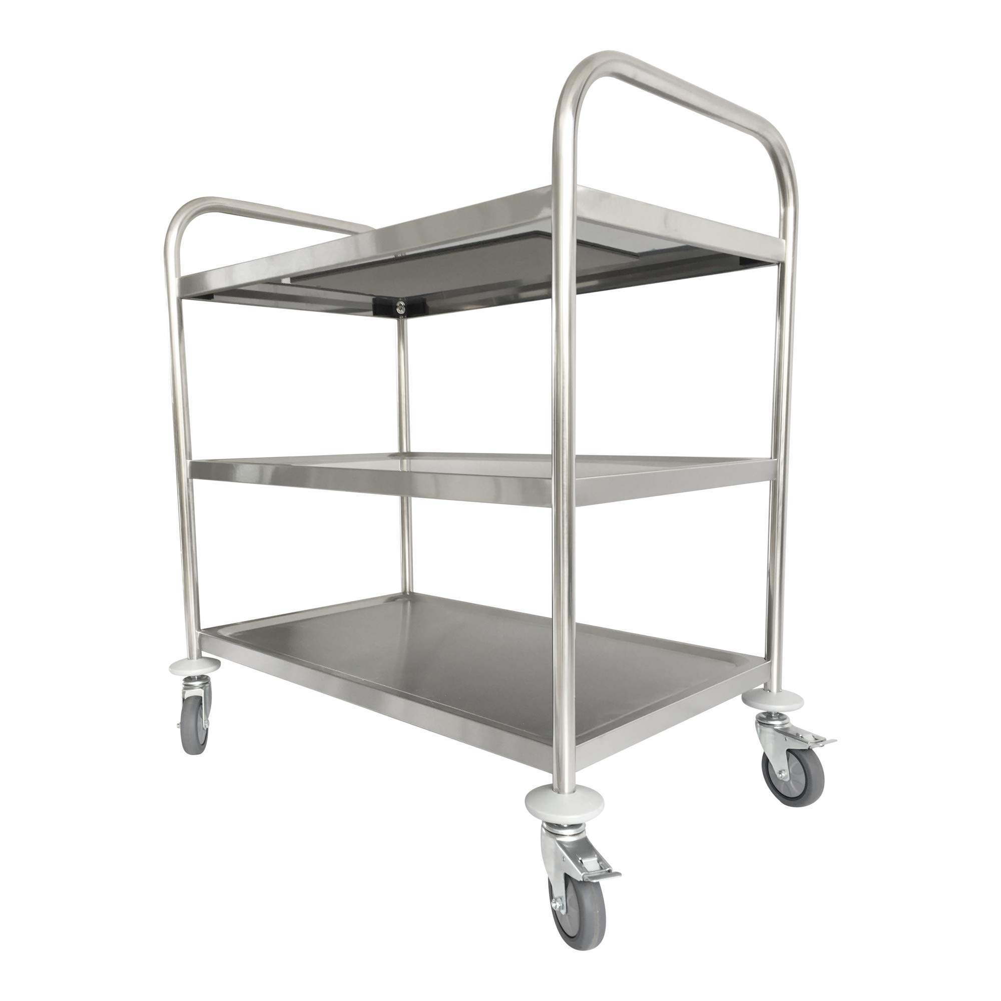 STIER Edelstahl-Servierwagen, 4 Lenkrollen, 810x460x900 mm, Tragfähigkeit bis 150 kg, Edelstahl, 3 Böden, Küchenwagen, Servicewagen besonders robust und hochwertig