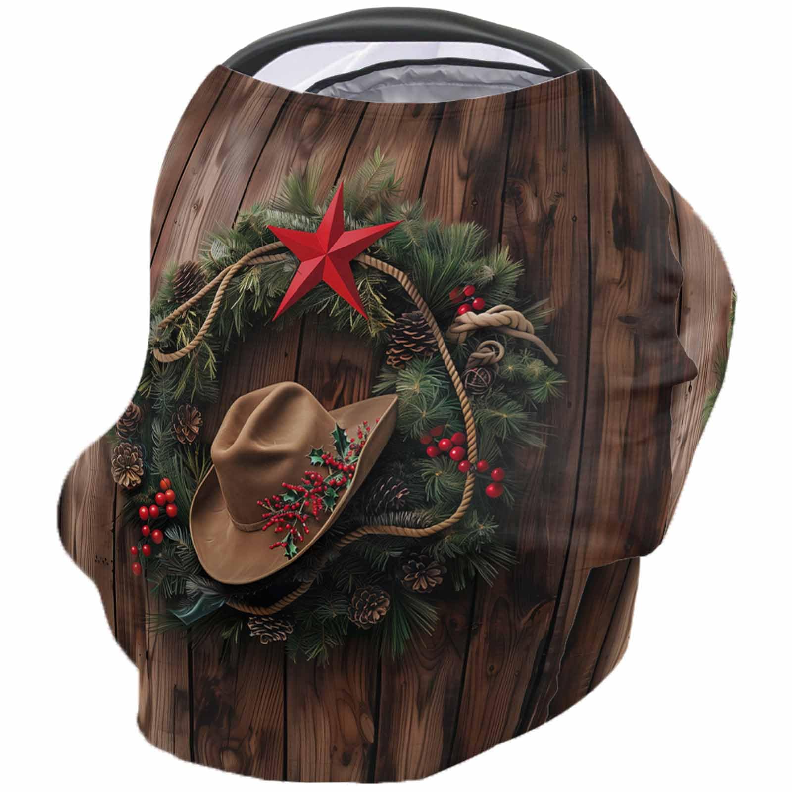 Nursing Cover for Breastfeeding Scarf, Western Xmas Pine Needle Wreath Cowboy Hat Wood Grain Baby Car Covers Super Soft Multi Use for Canopy Shopping Cart Cover Blanket Stroller Cover