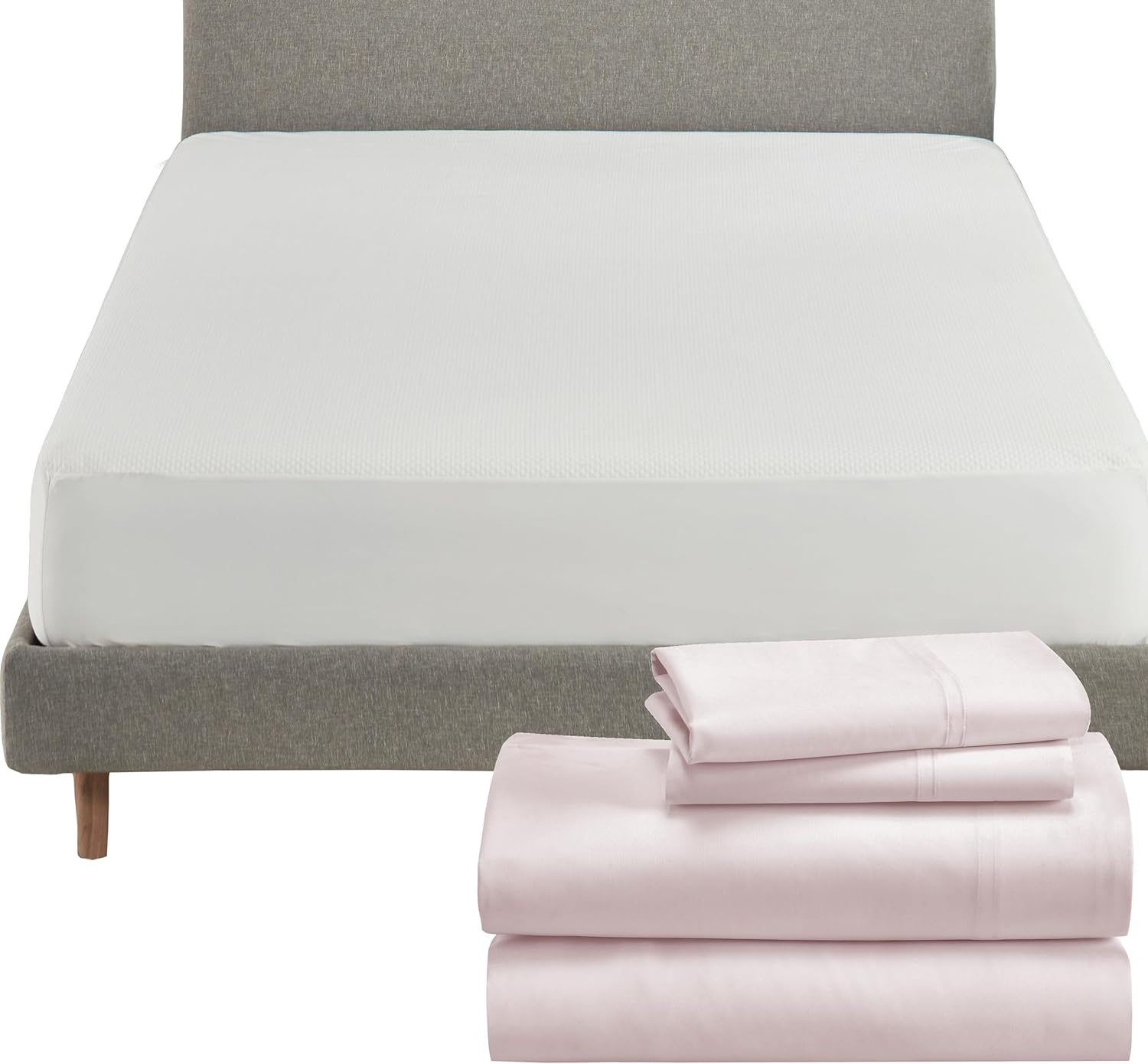 California Design Den 5 Piece Full Size Sheet Set (Blush Pink) and Waterproof Mattress Protector (White) Bundle - 600 Thread Count 100% Cotton Sateen, 4 Piece Sheet Set with 1 Mattress Protector